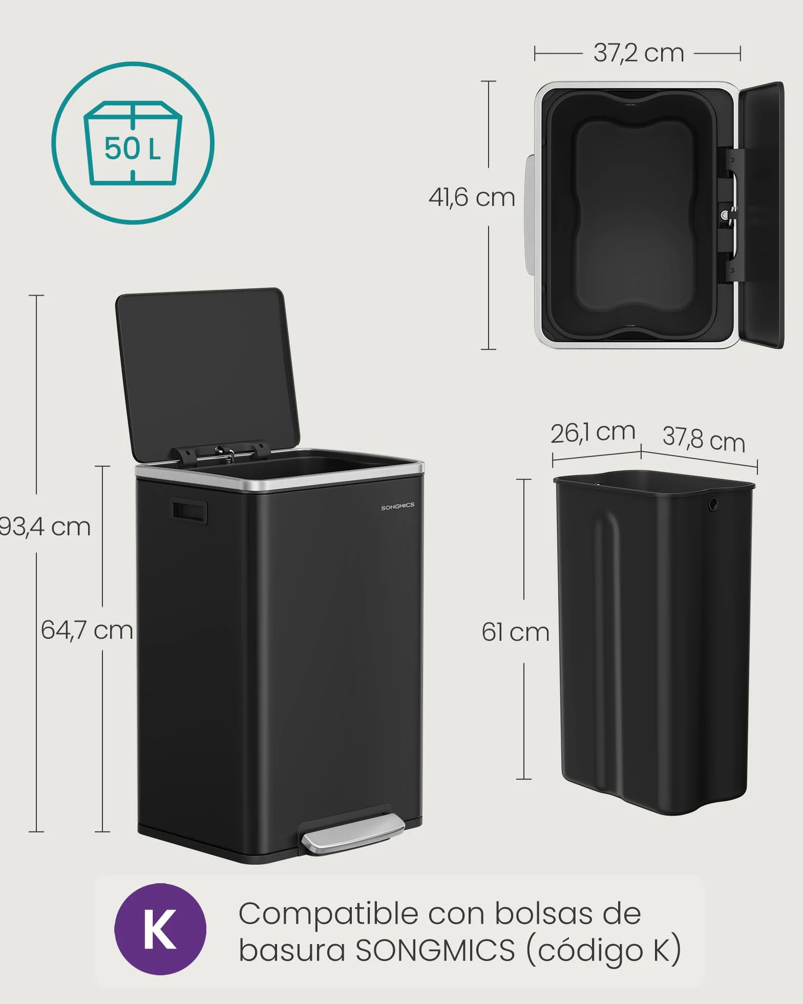 SONGMICS Cubo de Basura 50 L, con 15 Bolsas de Basura, Acero, Bolsa de Plástico Extraíble, con Tapa, Asas, Cierre Suave, Negro Tinta LTB595B02