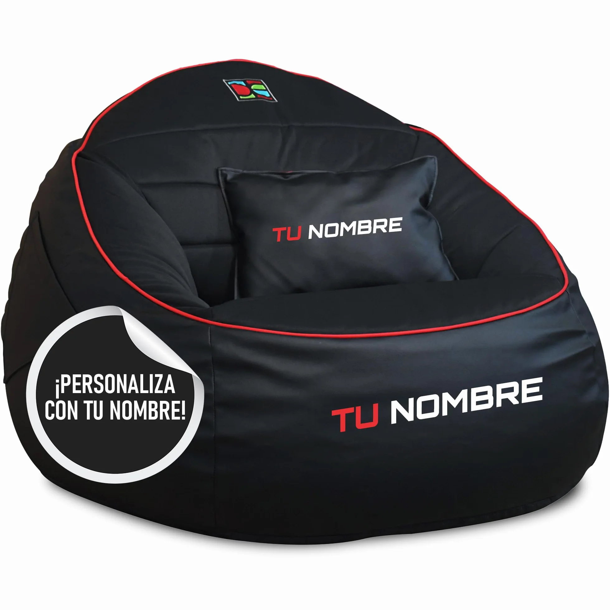 DECORESTOR Puff Gamer Personalizado con Nombre - Relleno y Respaldo Incluidos - Bean Bag XXL Gigante - Regalo para Niños y Adultos - 100% Polipiel