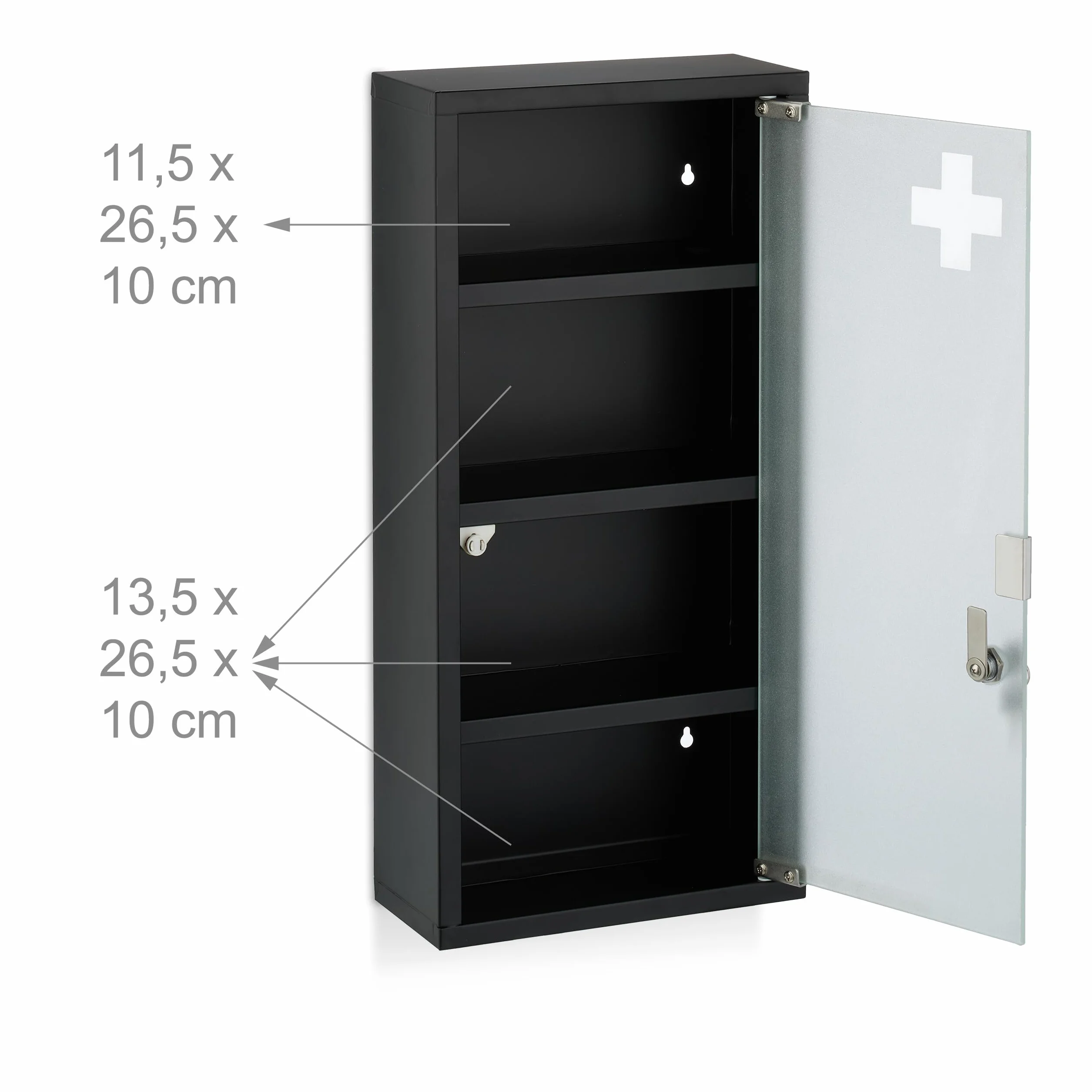 Relaxdays Botiquín de Pared Armario Medicamentos 4 Estantes 57 x 27 x 12 cm Acero Puerta Vidrio Negro