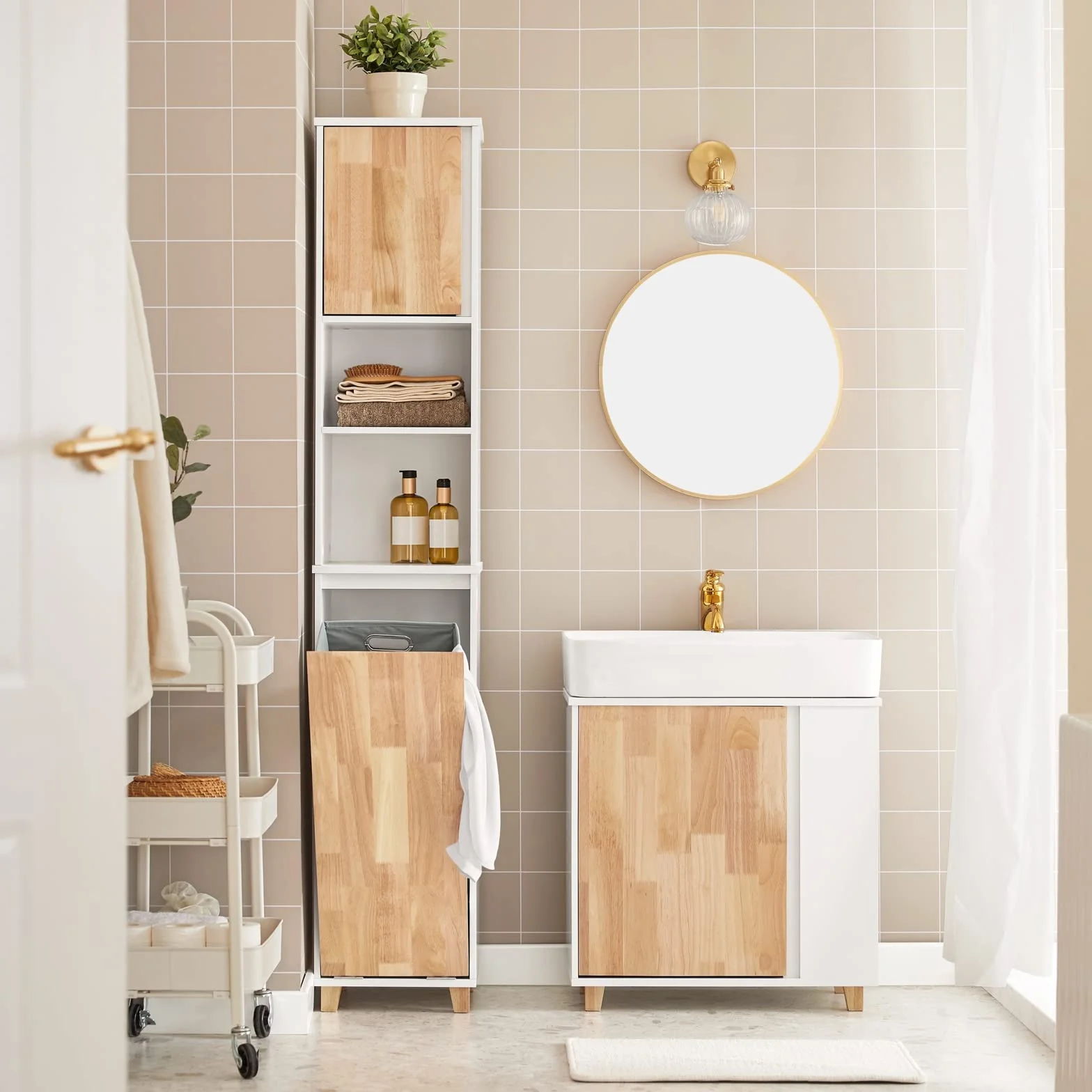 SoBuy Mueble Baño - Armario Baño Alto Cesta Plegable para Ropa Sucia, Mueble Columna Estrecho de Madera Resistente a la Humedad, Blanco, 31x170x32 cm, BZR74-W