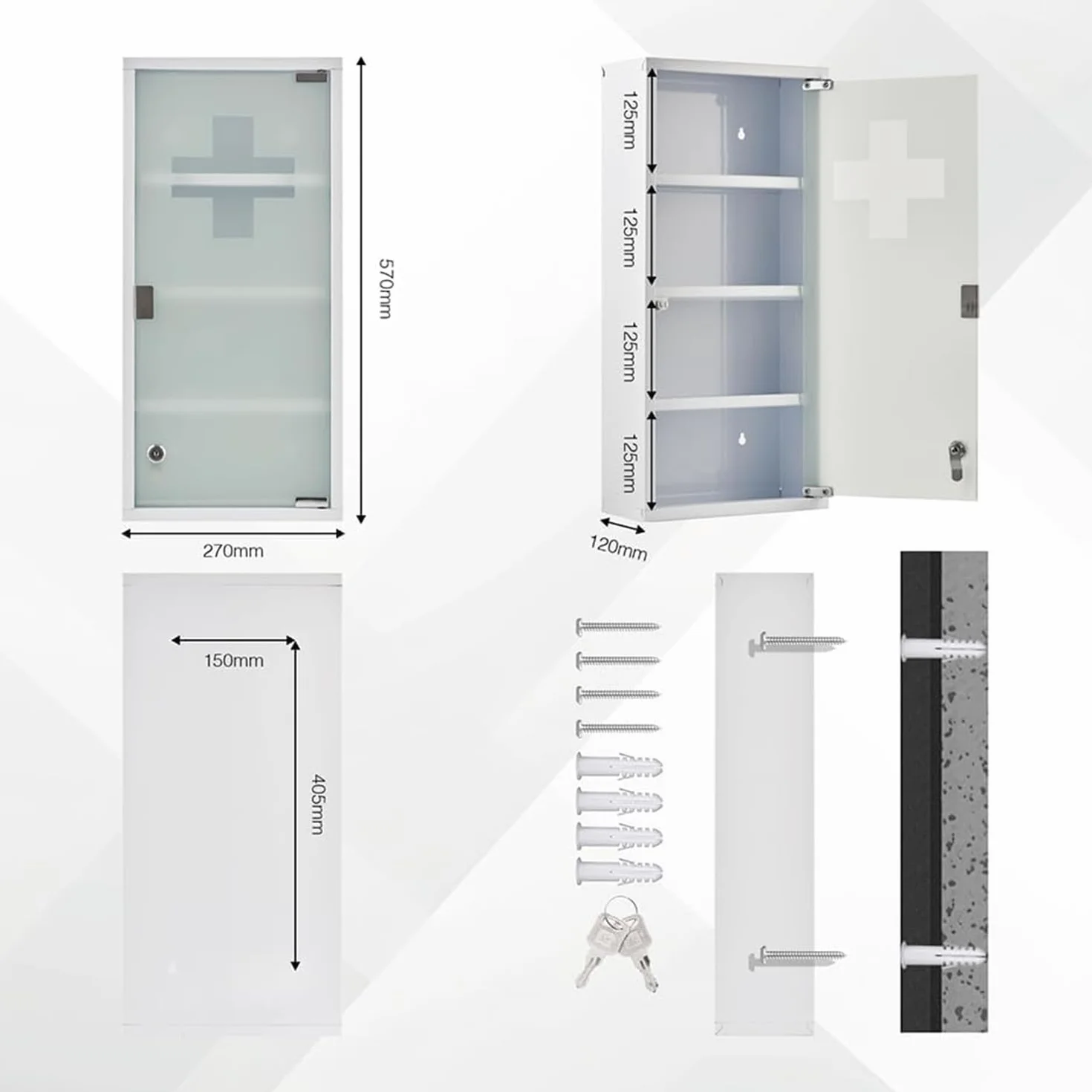 Botiquín de Primeros Auxilios de Acero Inoxidable para Pared con Cerradura y Estantes Blanco 57x27