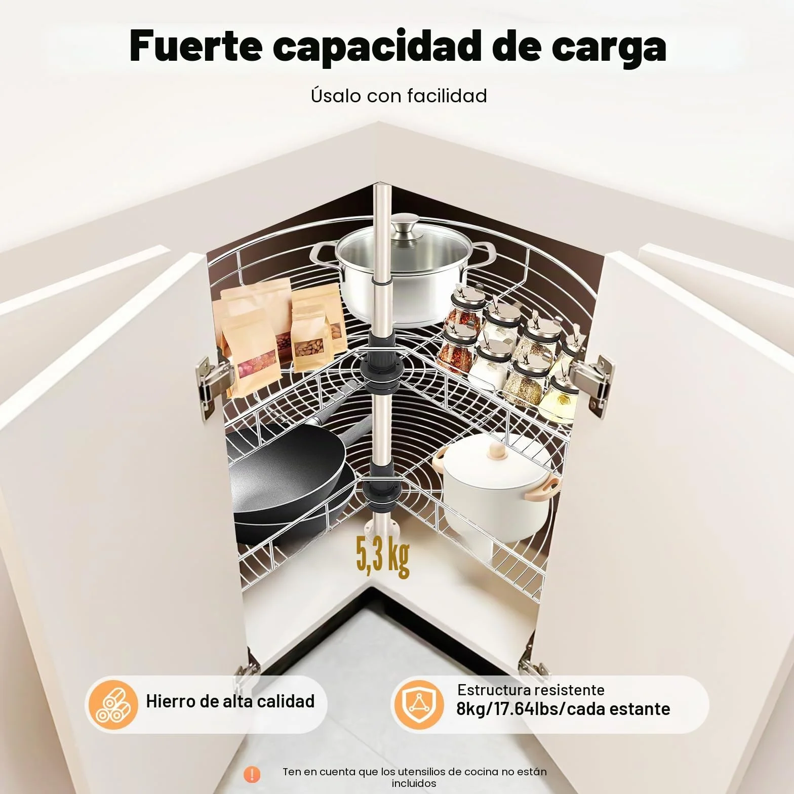 Organizador de armario de esquina, extensible, giratorio a 270°, con 2 cestas ajustables en altura y cierre suave, en acero inoxidable, máx. 16 kg por cesta, para armarios de cocina ≥ 80 x 80 cm