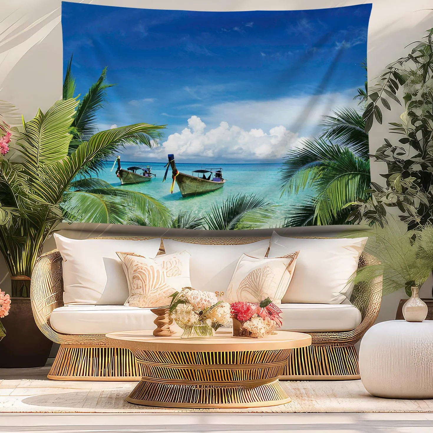 Ulticool – Playa mar barco palmera naturaleza – Tapiz mural póster – 200 x 150 cm – Póster de jardín – Gran tapiz de pared – Accesorio de decoración para jardín y salón
