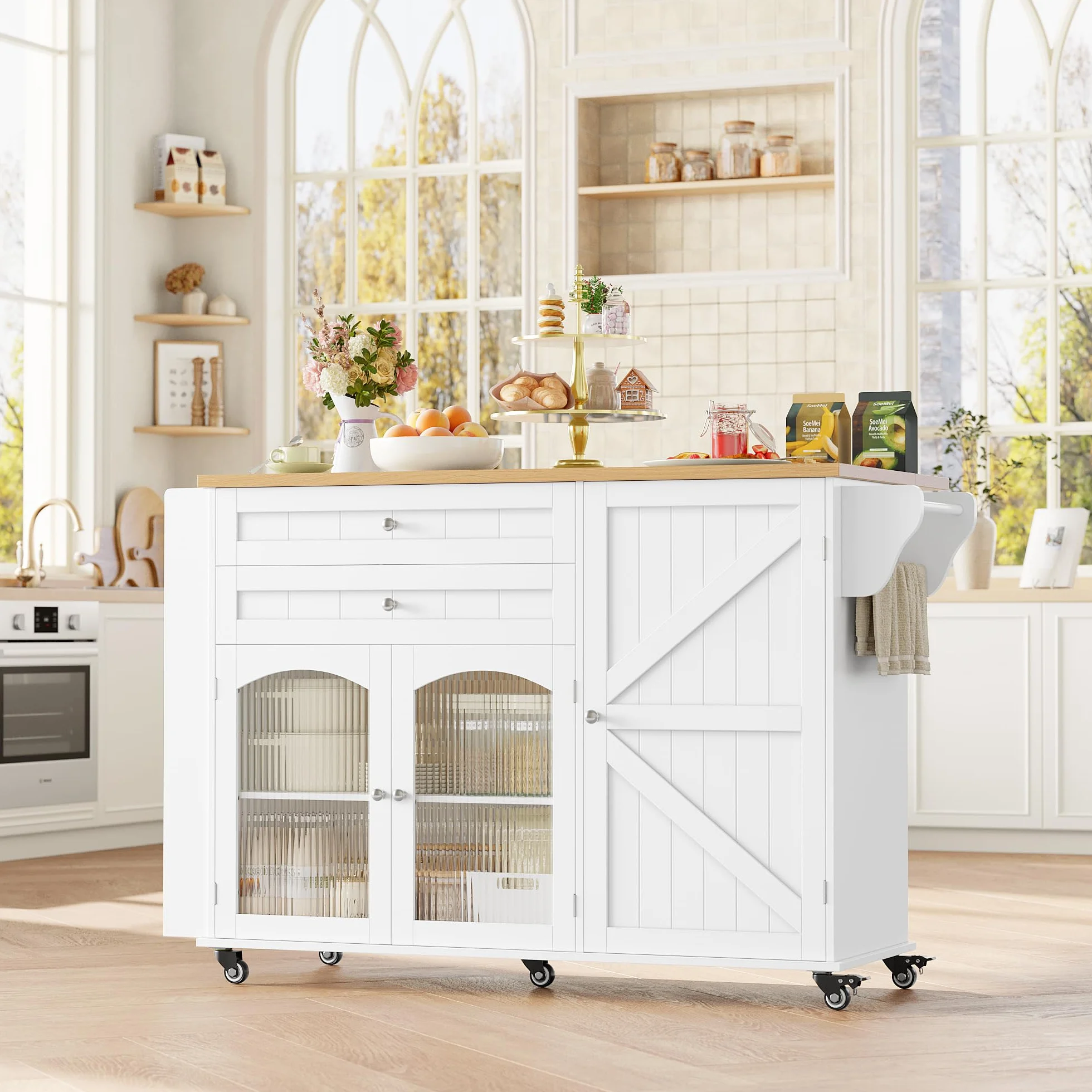 FirFurd Isla Cocina con Ruedas, Isla de Cocina con Barra, Mueble Cocina Auxiliar, con Mesa Plegable, con 5 Ruedas, 2 Cajones y 3 Puertas, Especiero y Toallero (Blanco)