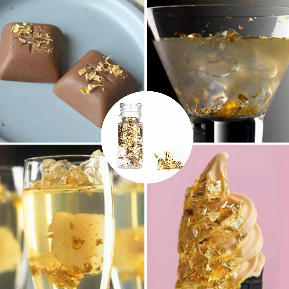 2 Botellas Copos de Oro Comestible para Decoración de Pasteles, Chocolates, Postres y Bebidas