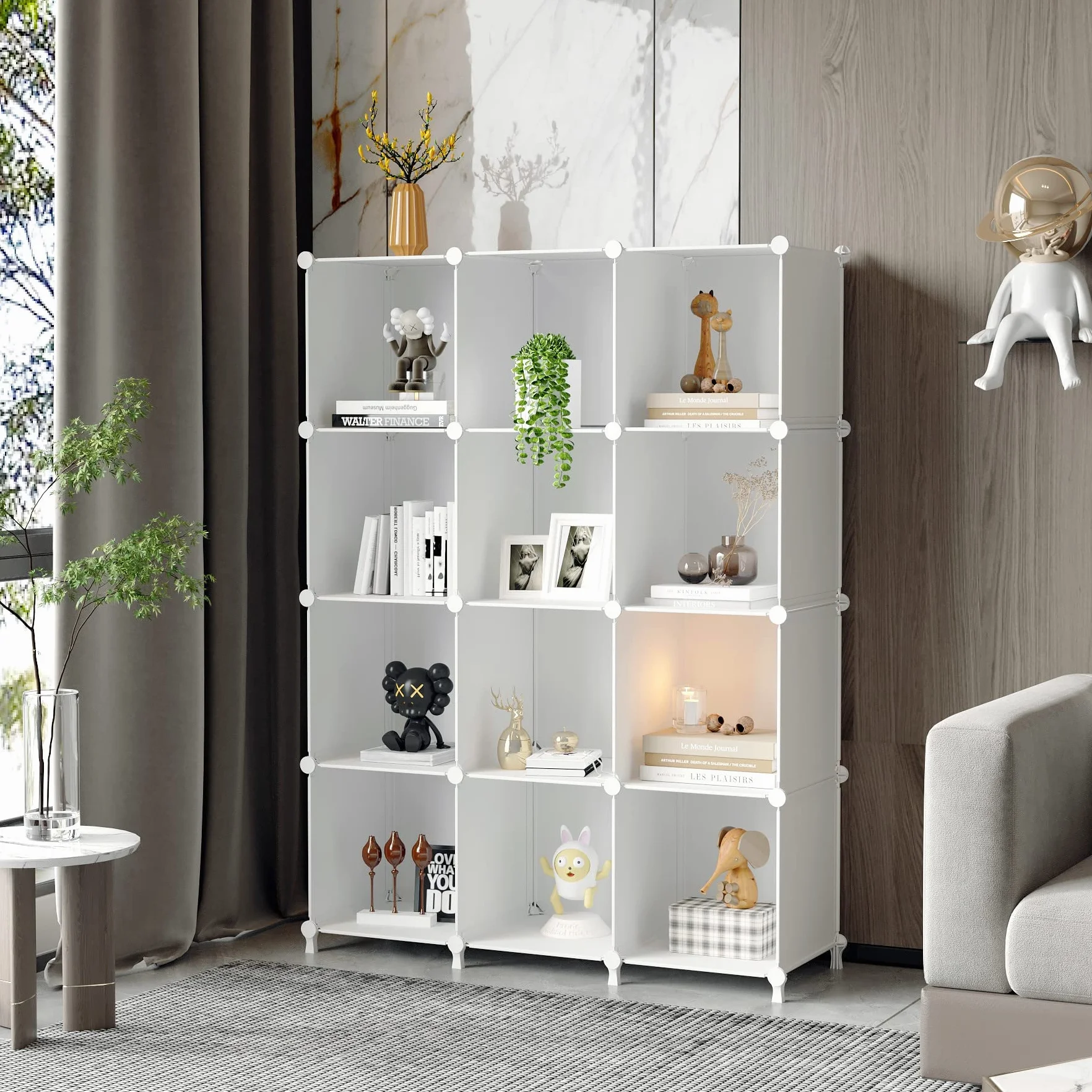 AWTATOS Organizador de almacenamiento modular de 12 cubos de plástico con estantería y mazo de madera