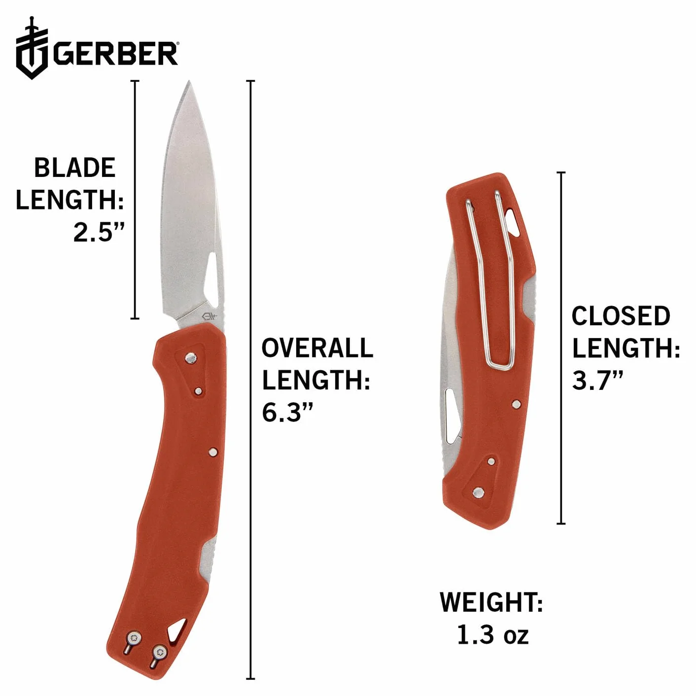 Gerber Navaja con clip para cinturón, LST, hoja de acero inoxidable 440A Clip Poin, escamas del mango de nylon reforzado con fibra de vidrio, longitud de la hoja: 6,6 cm, naranja, 1074522