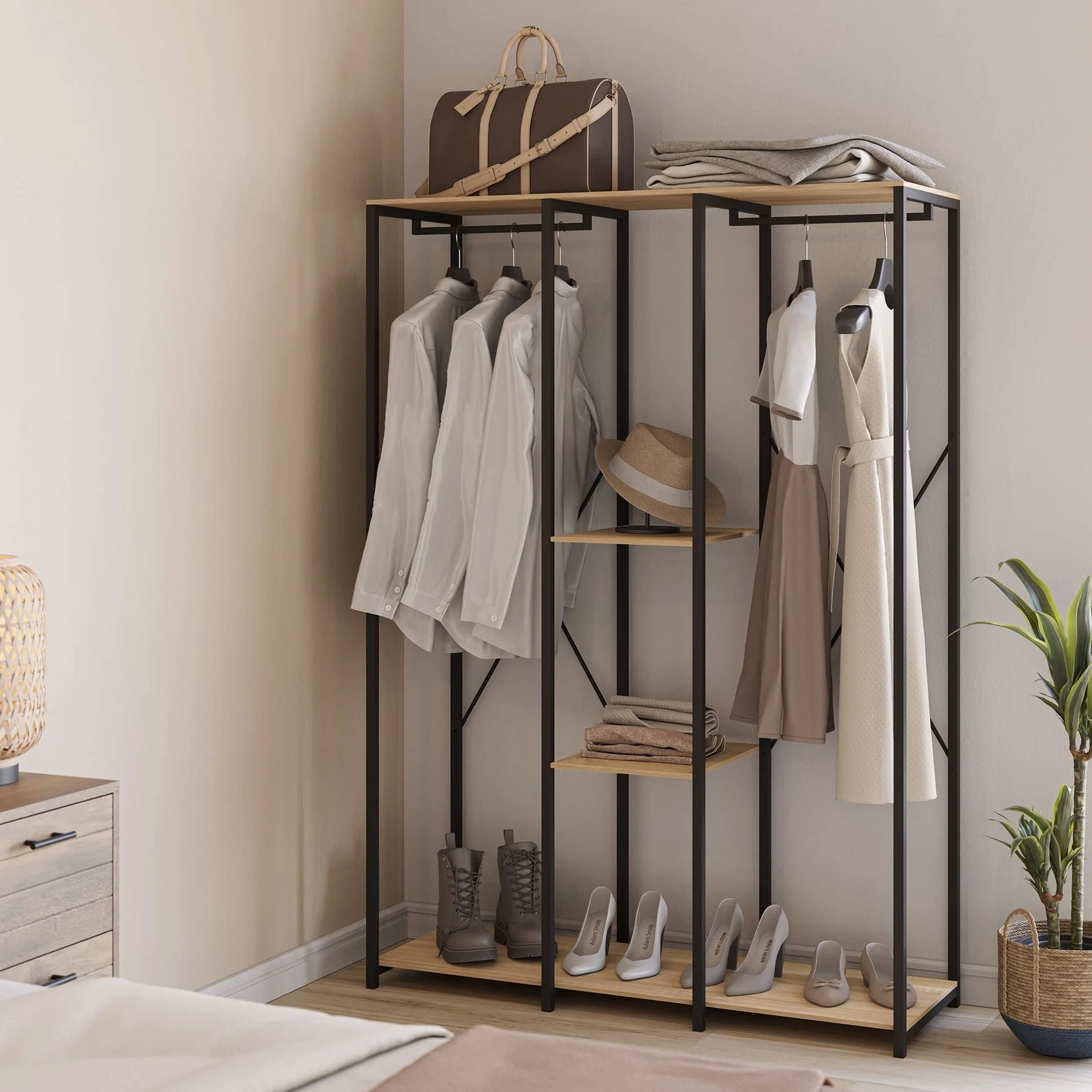HOMN LIVING Armario vestidor Jana 3 estantes 2 Barras, Color Roble/Negro, 120 cm (Ancho) 40,4 cm (Profundo) 167 cm (Altura)