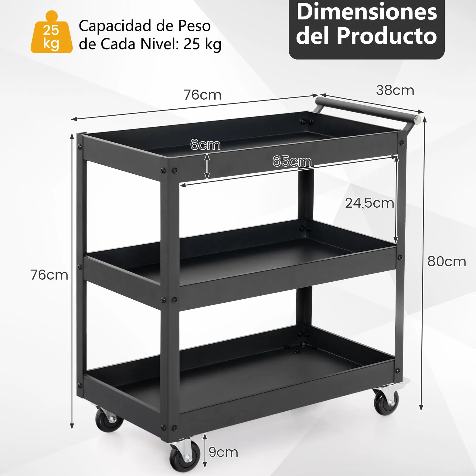 GOPLUS Carrito de Utilidad de 3 Niveles, Carro de Herramientas Organizador con 4 Ruedas Universales y Mango Lateral Toallero, Carrito de Servicio Rodante para Garaje, Baño, Almacén, Negro (Negro)
