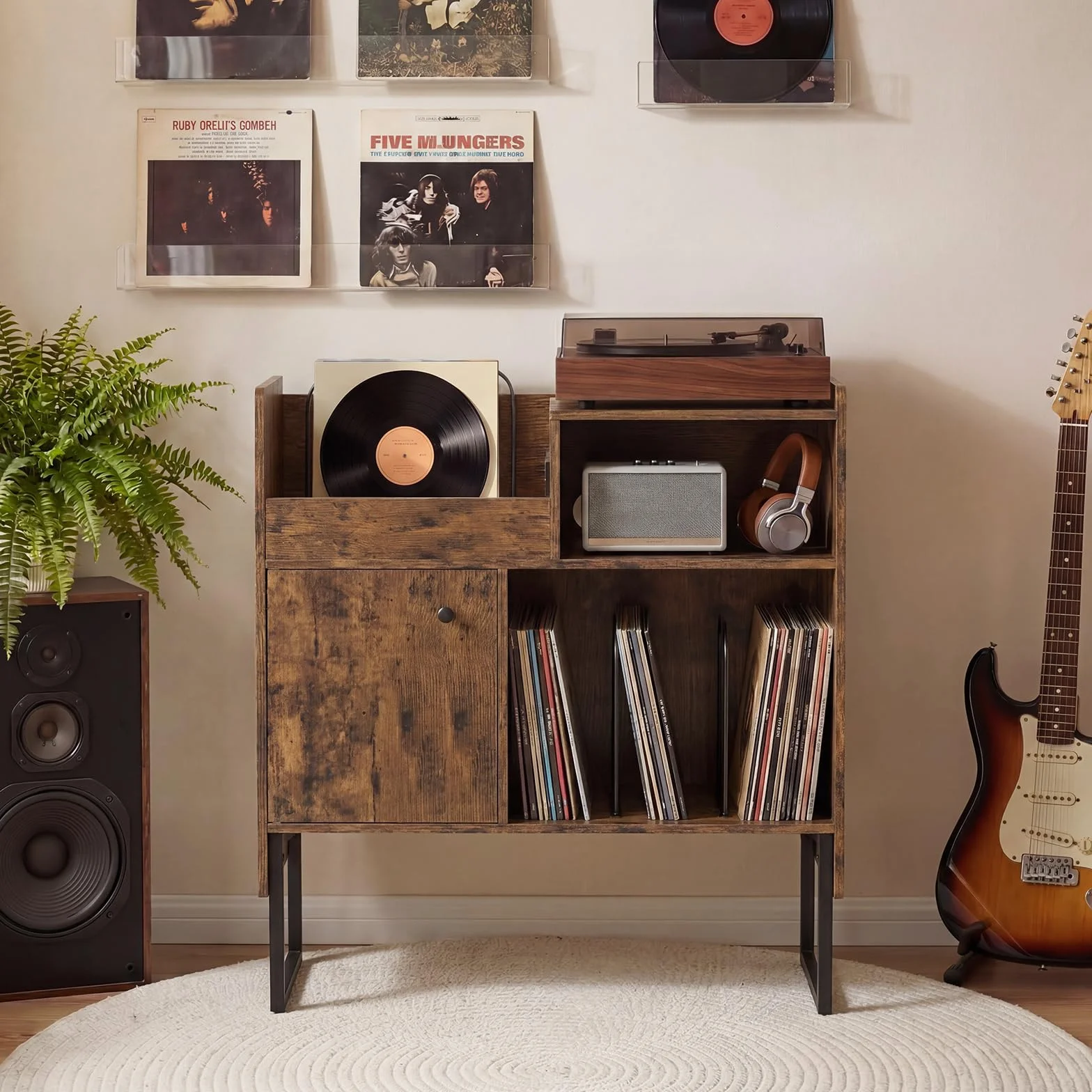 COSTWAY Mueble para Tocadiscos con Almacenamiento de Vinilos, Soporte Industrial, 80 x 35,5 x 85,5 cm