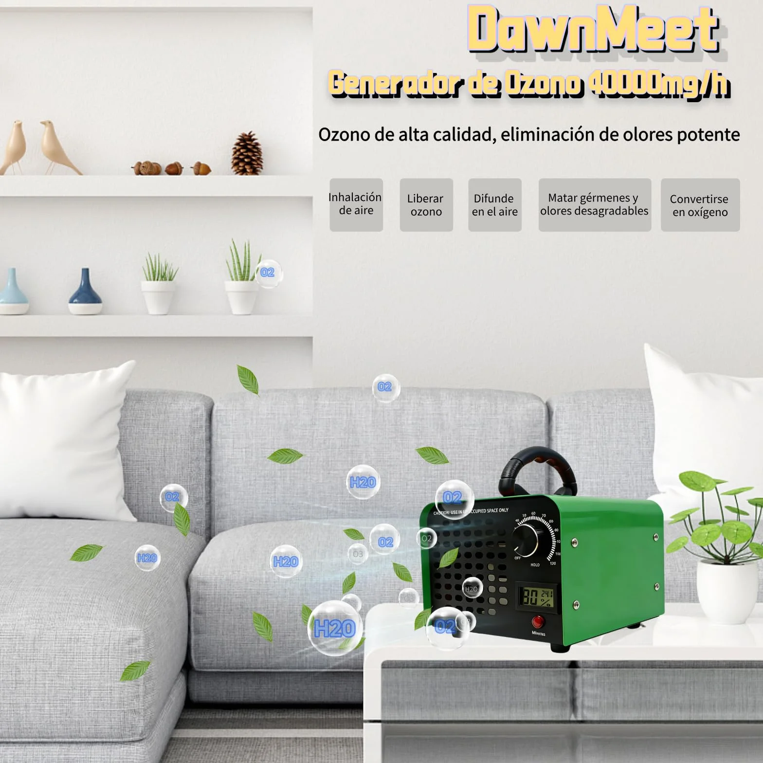 DawnMeet Generador de Ozono 40000mg/h 300㎡ Máquina Ozono Termohigrómetro Temporizador 120 Minutos Verde
