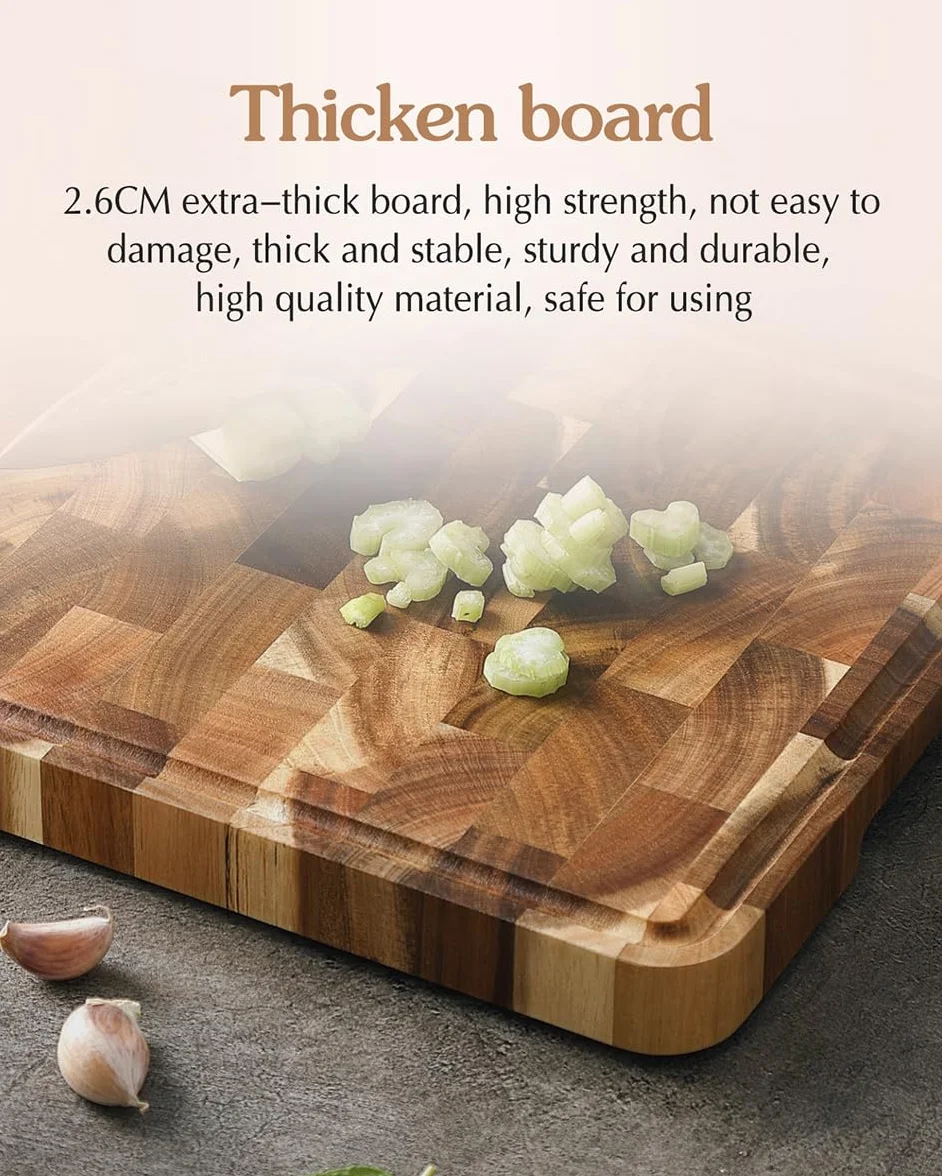 XINZUO Tabla de Cortar de Madera de Acacia- (35x25x2.6cm) Tabla de Cortar Cocina Hecha a Mano Trinchar Tabla de Carne- con Patas Antideslizantes, Asas Laterales y Ranura para Jugos