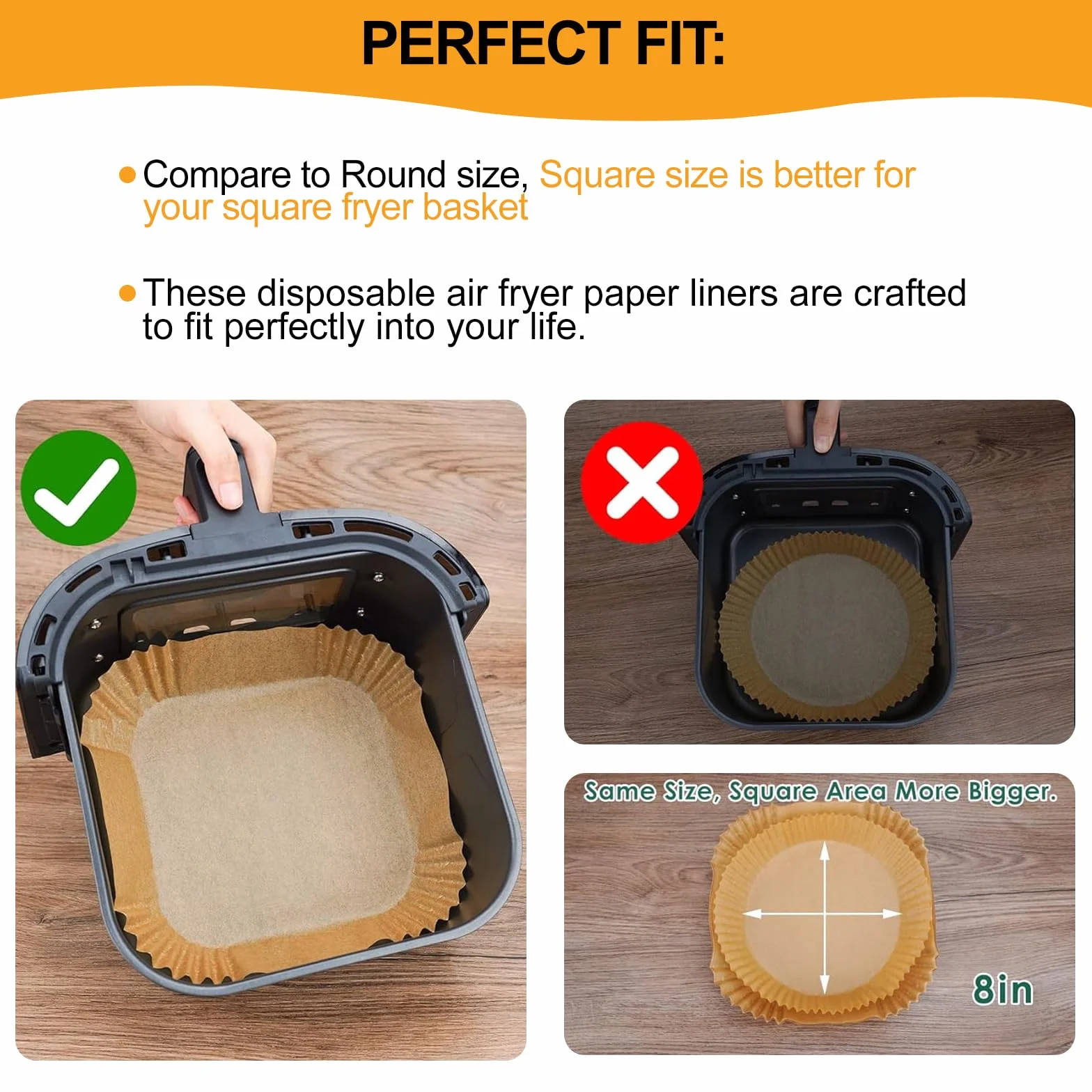 Papel Freidora Aire de 20-24cm,100 Unidades,Papel de Freidora de Aire Desechable de Grado Alimenticio,para Horno, Hornear y Microondas,Para Freidoras de Aire de 5 a 8 litros,BPA Free