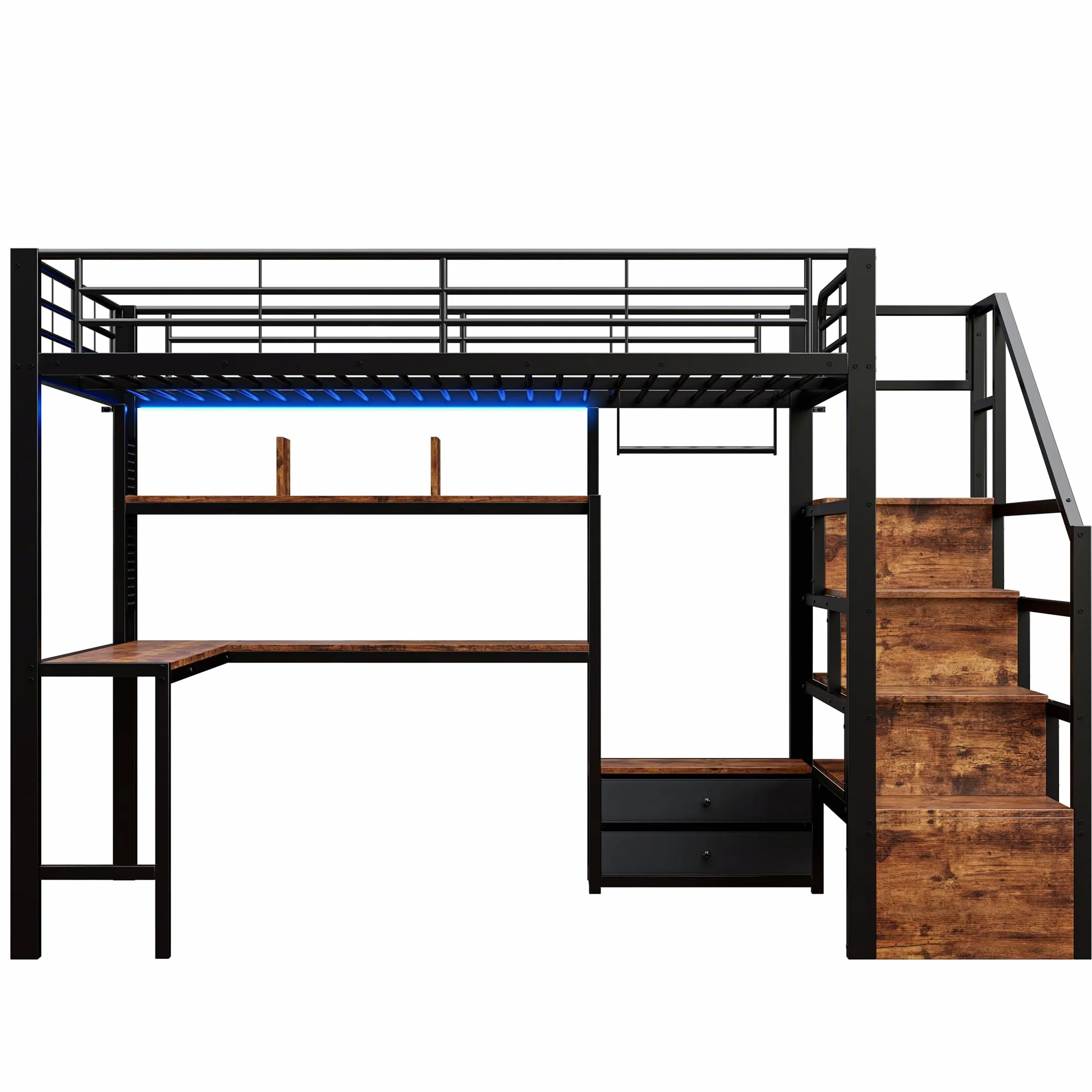 Cama alta de hierro 140 x 200 con luces LED, escritorio, 2 cajones, rejilla para colgar, litera para niños con escalera de almacenamiento, estructura de cama individual, color negro