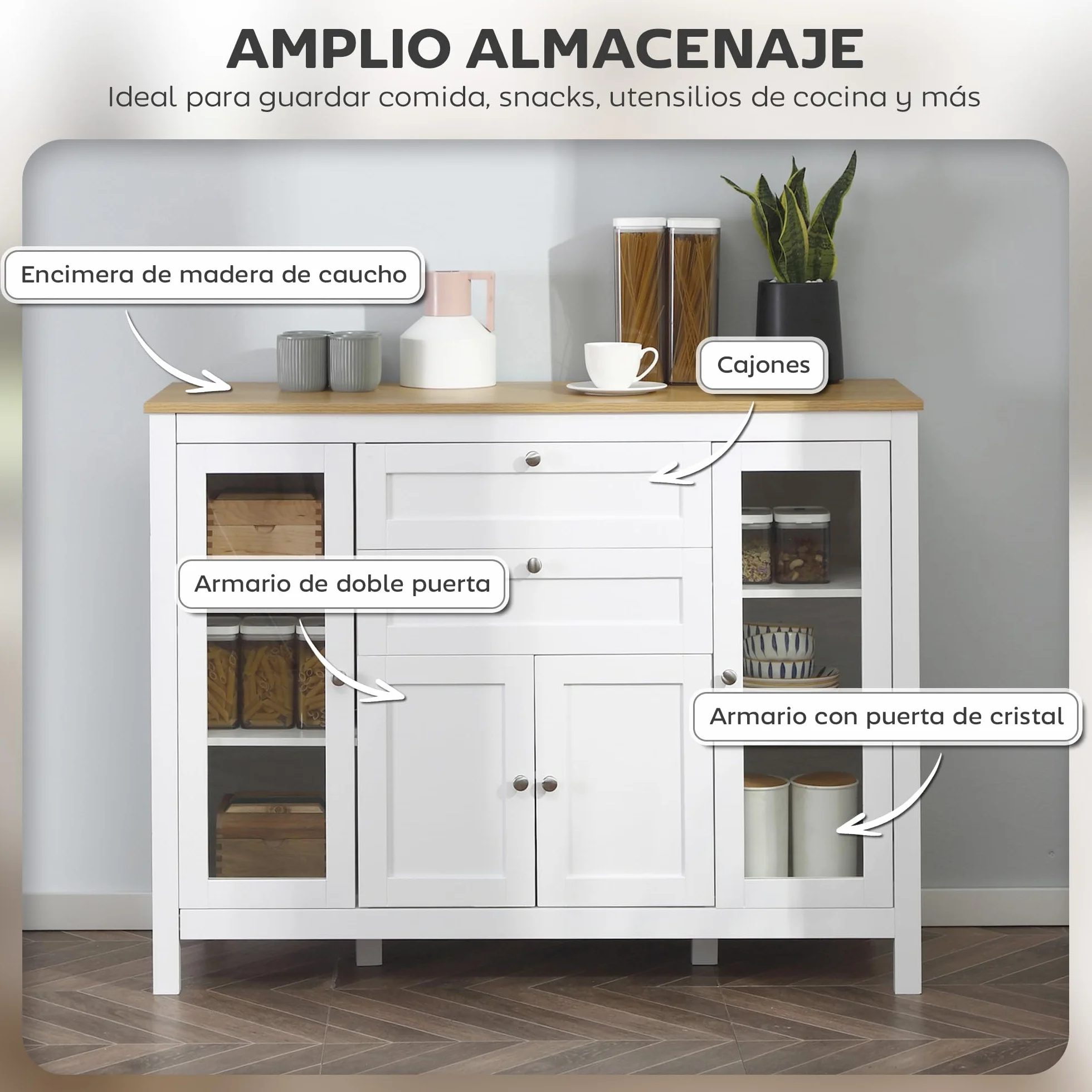 HOMCOM Aparador de Cocina con Armario 2 Cajones 2 Puertas de Vidrio y Estantes Ajustables Muebles Auxiliar de Almacenaje para Comedor Salón 120x40x90 cm Blanco
