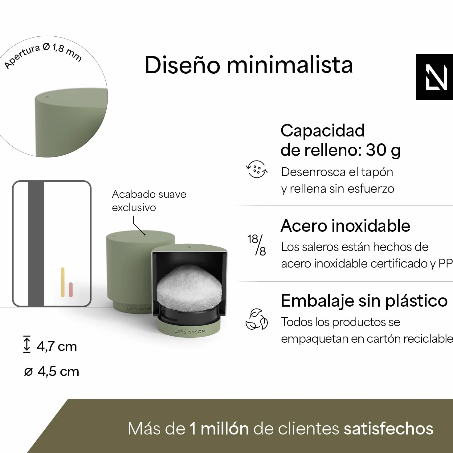 LARS NYSØM Juego de Salero y Pimentero Acero Inoxidable Sage Green