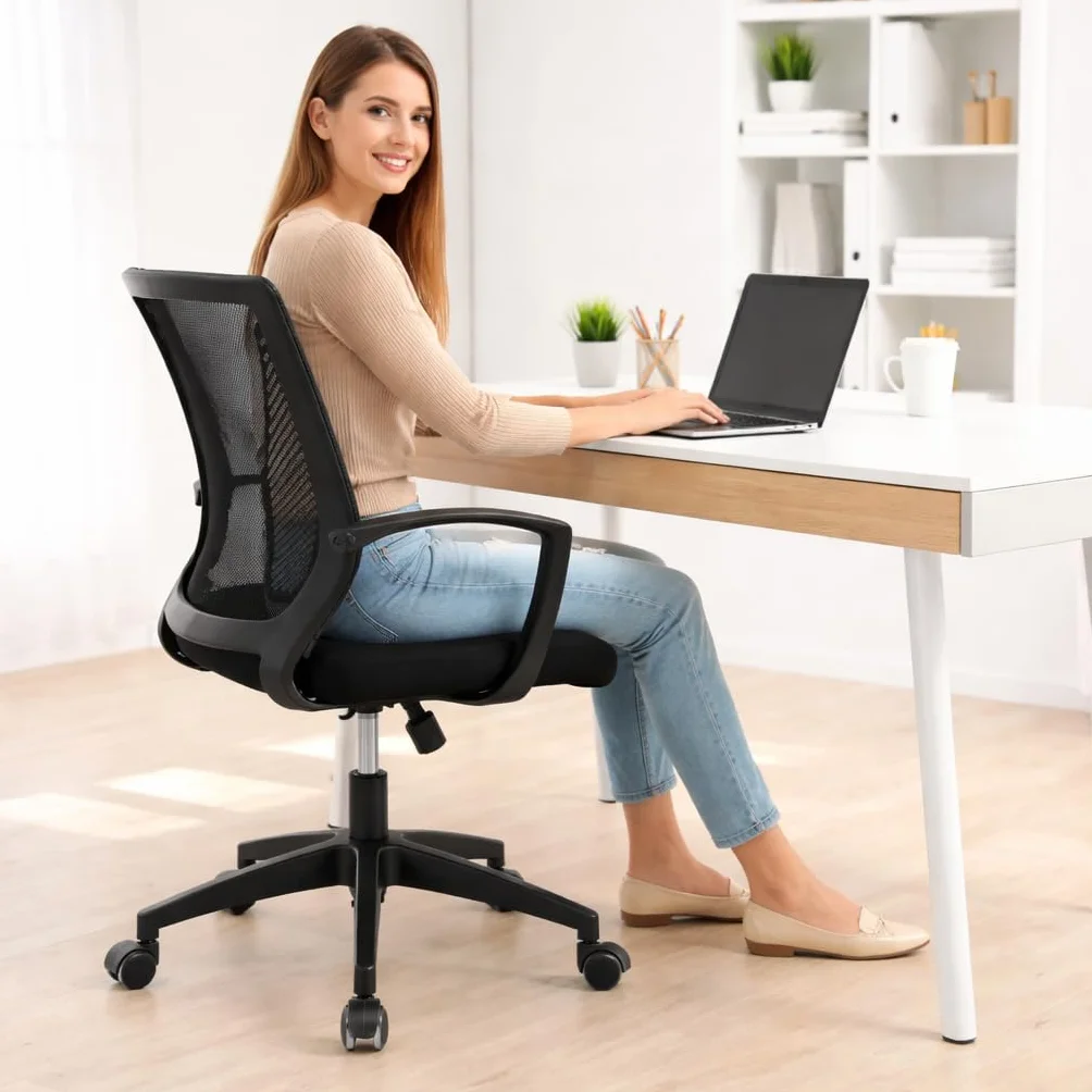 Silla de Oficina Ergonómica con Ruedas Giratorias y Soporte Lumbar, Respaldo de Malla Transpirable, 150kg