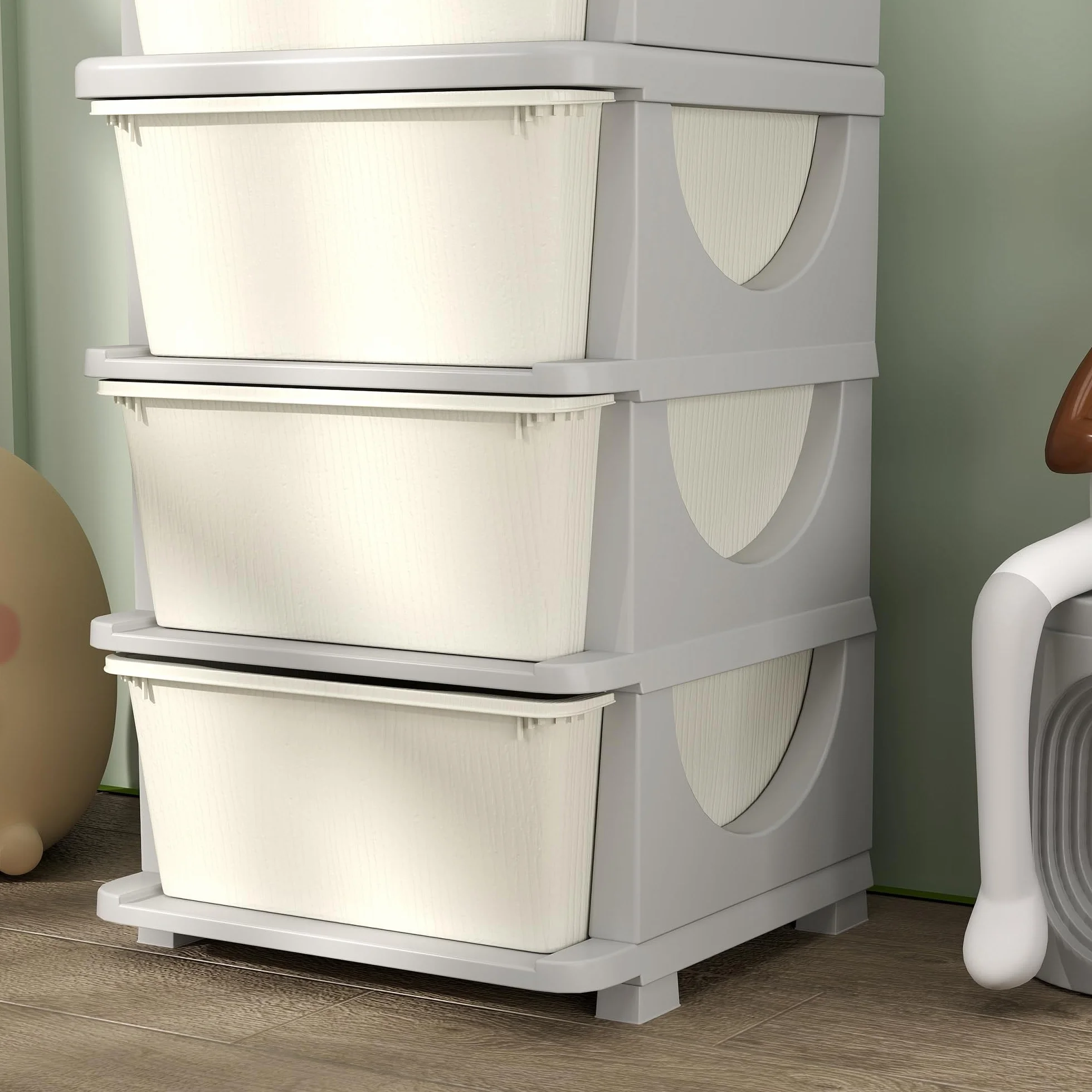 HOMCOM Torre de Almacenamiento Infantil con 4 Cajones, Organizador de Juguetes para Niños de +3 Años, con Bordes Redondeados y Asas, para Guardería, Sala de Juegos, Dormitorio, 37x37x76 cm, Crema