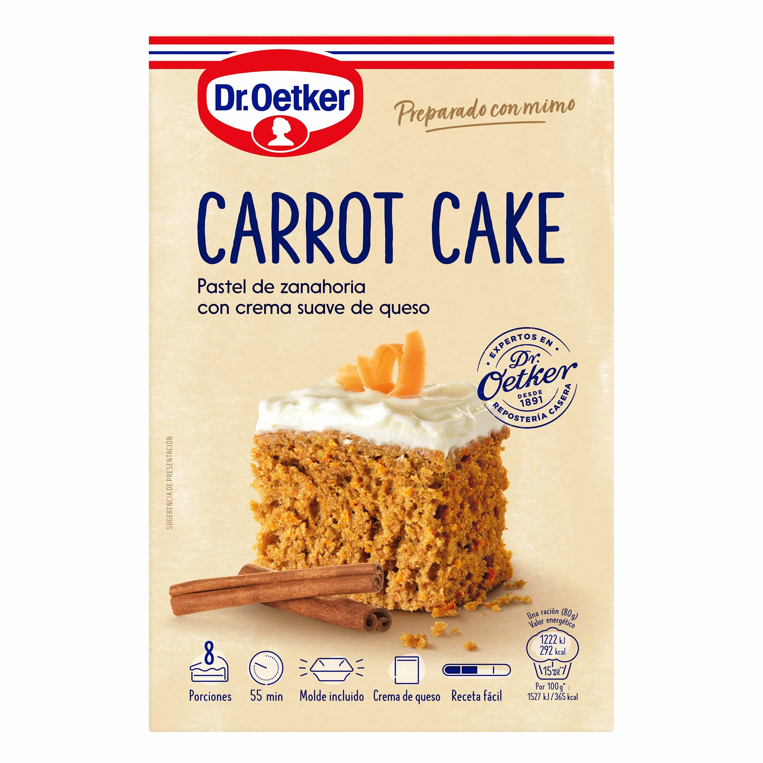 DR. OETKER Pastel de Zanahoria, Preparado para Tarta de Zanahoria con Crema de Queso 265g + 50g + Molde, 8 Raciones