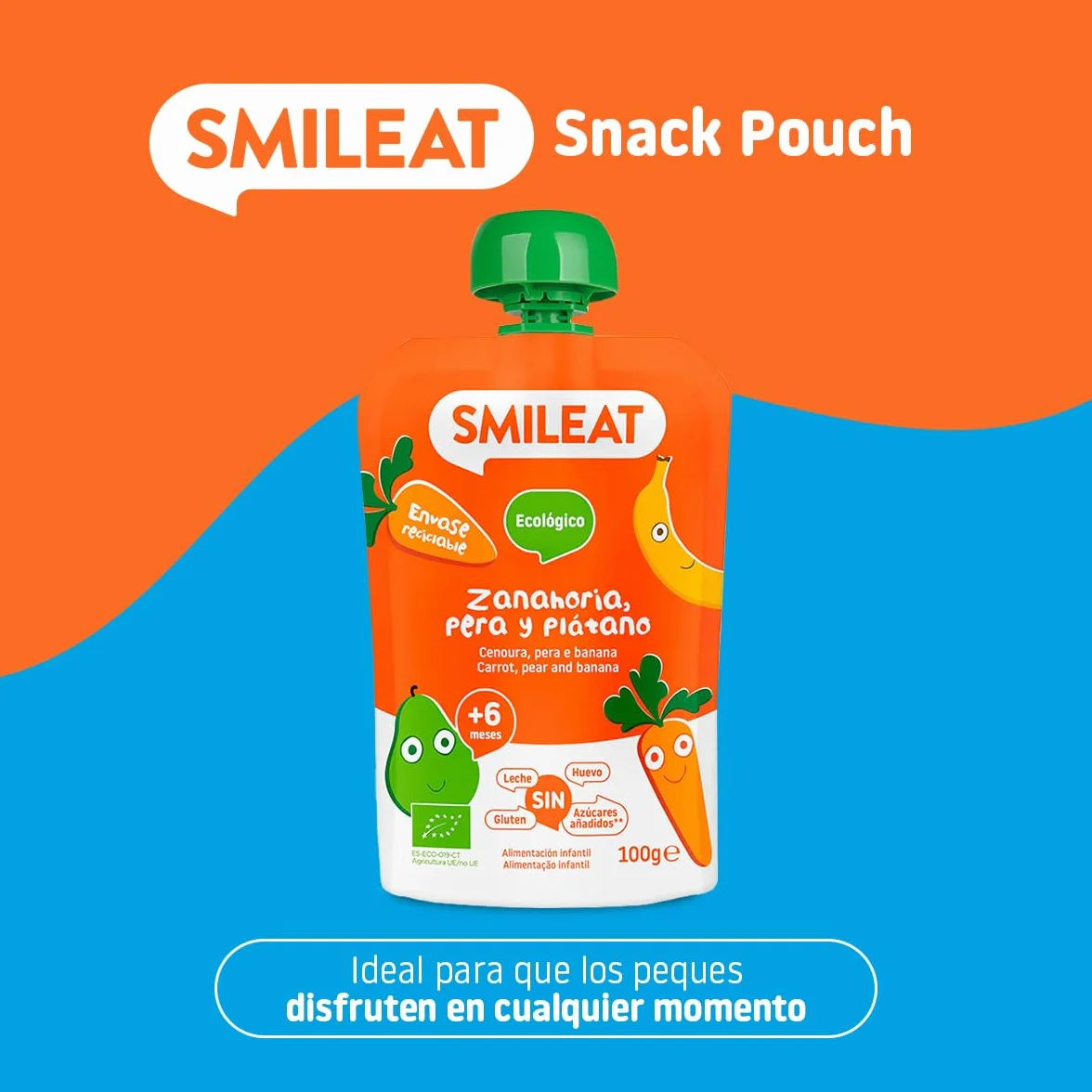 Pouch de Frutas Ecológicas Smileat - Zanahoria, Pera y Plátano - Sin Azúcar Añadido, Sin Gluten - Snack Práctico
