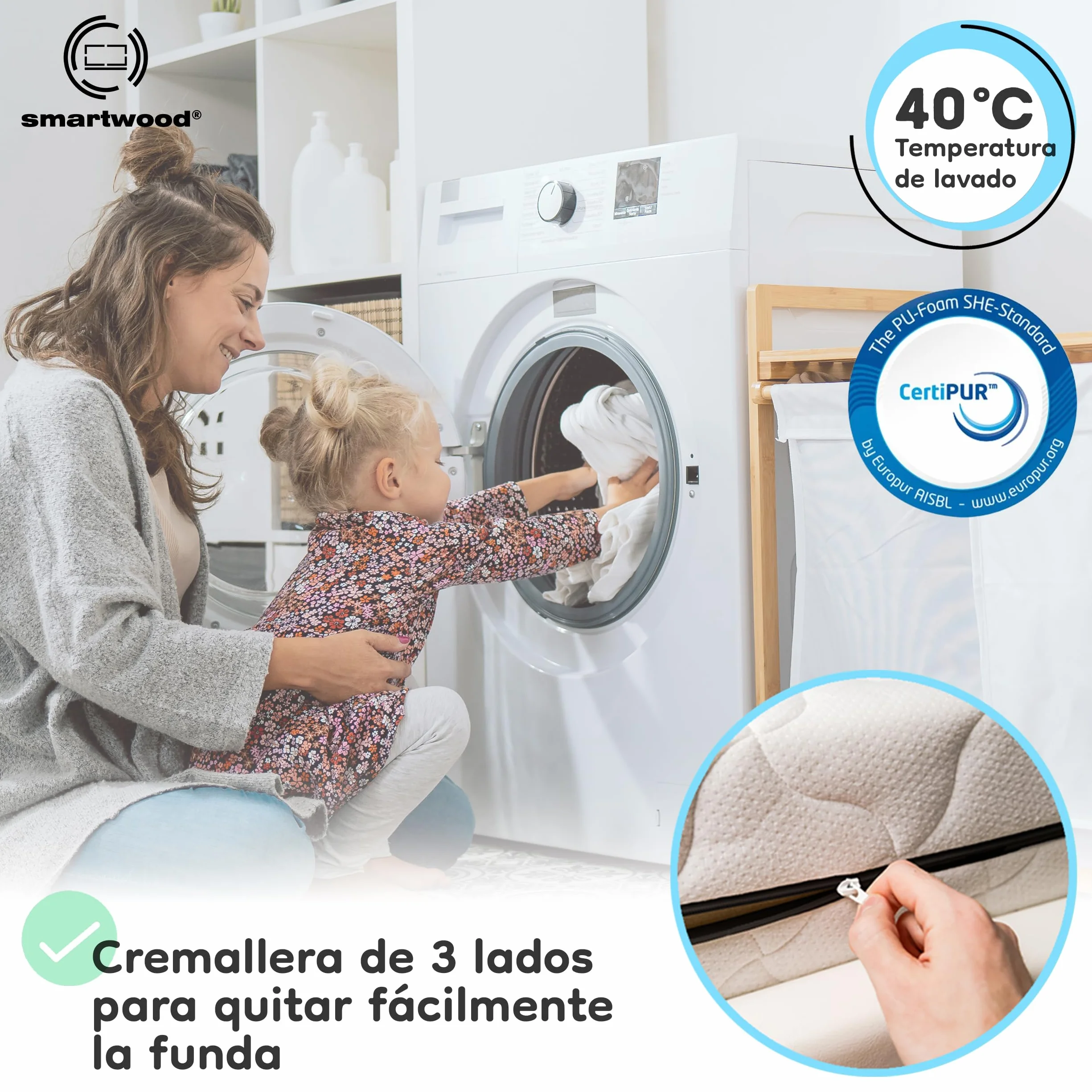 Smartwood Colchón 90x200 12cm Infantil Espuma H2 Oeko-Tex Reversible Funda Transpirable Antialérgica Lavable UE