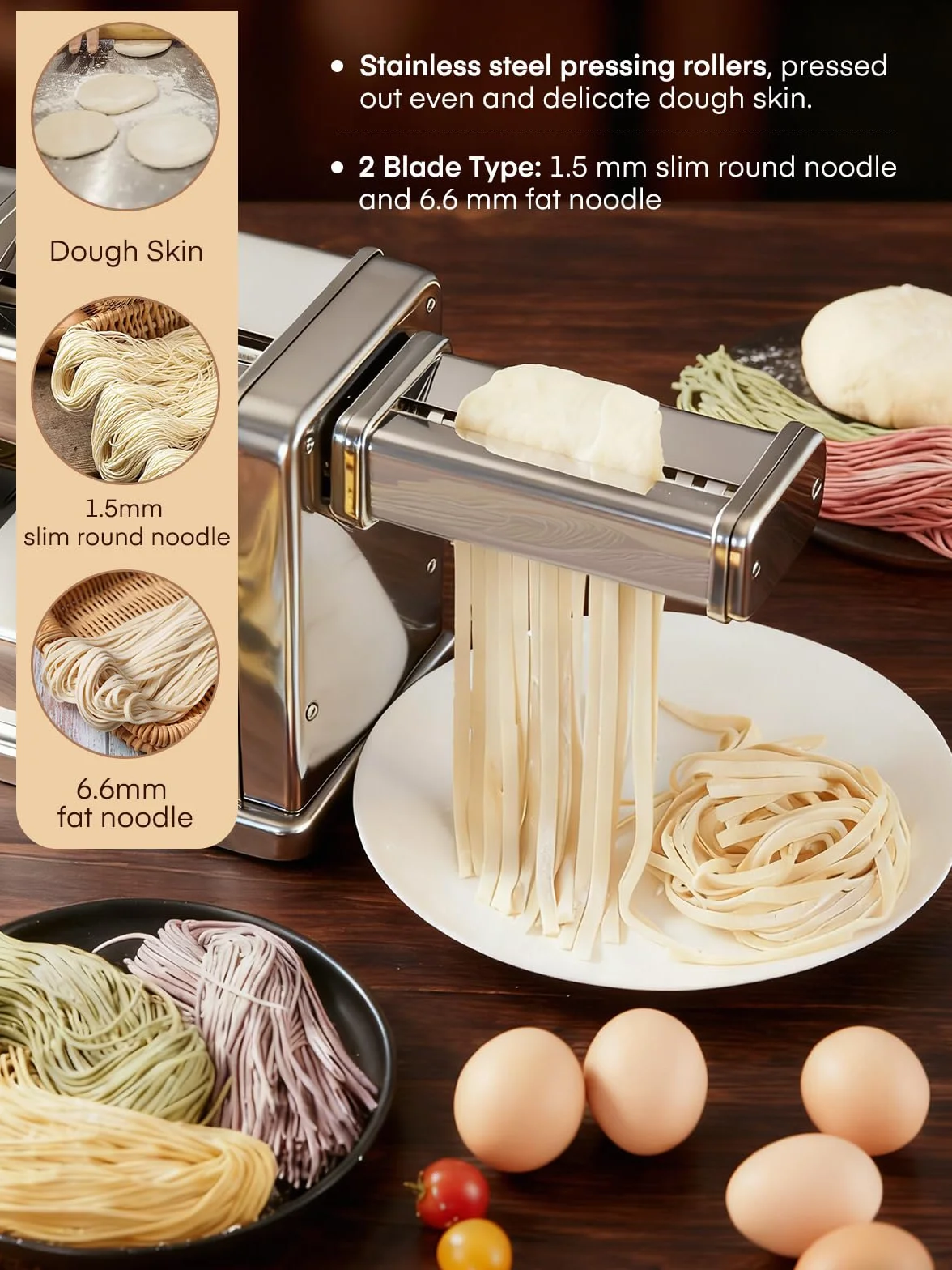 FOHERE Máquina de Pasta Fresca Eléctrica con 2 Cuchillas (1.5 mm/6.6 mm) y 7 Grosores Ajustables de 0.5-3 mm, Acero Inoxidable para Hacer Fideos Espaguetis Raviolis, Plata