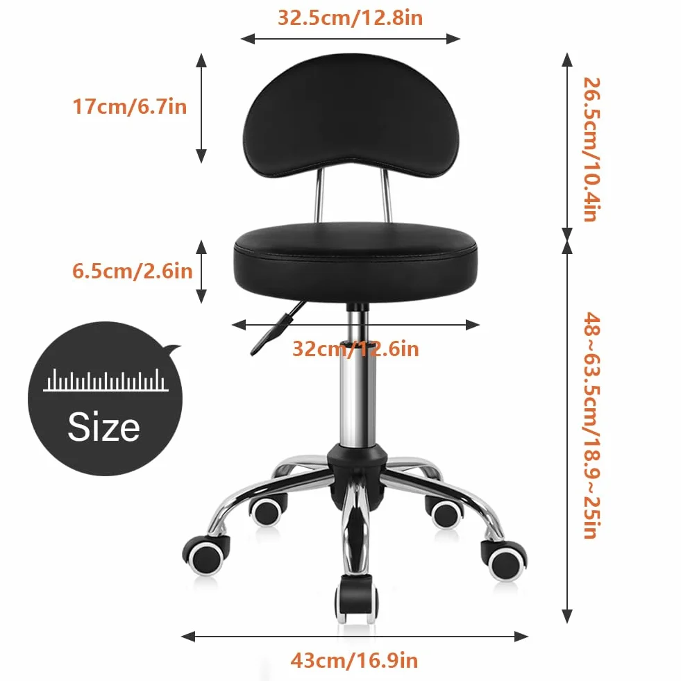 KKTONER Taburete Giratorio con Ruedas Respaldo Regulable Altura 48-64cm Asiento Cuero Sintético Negro