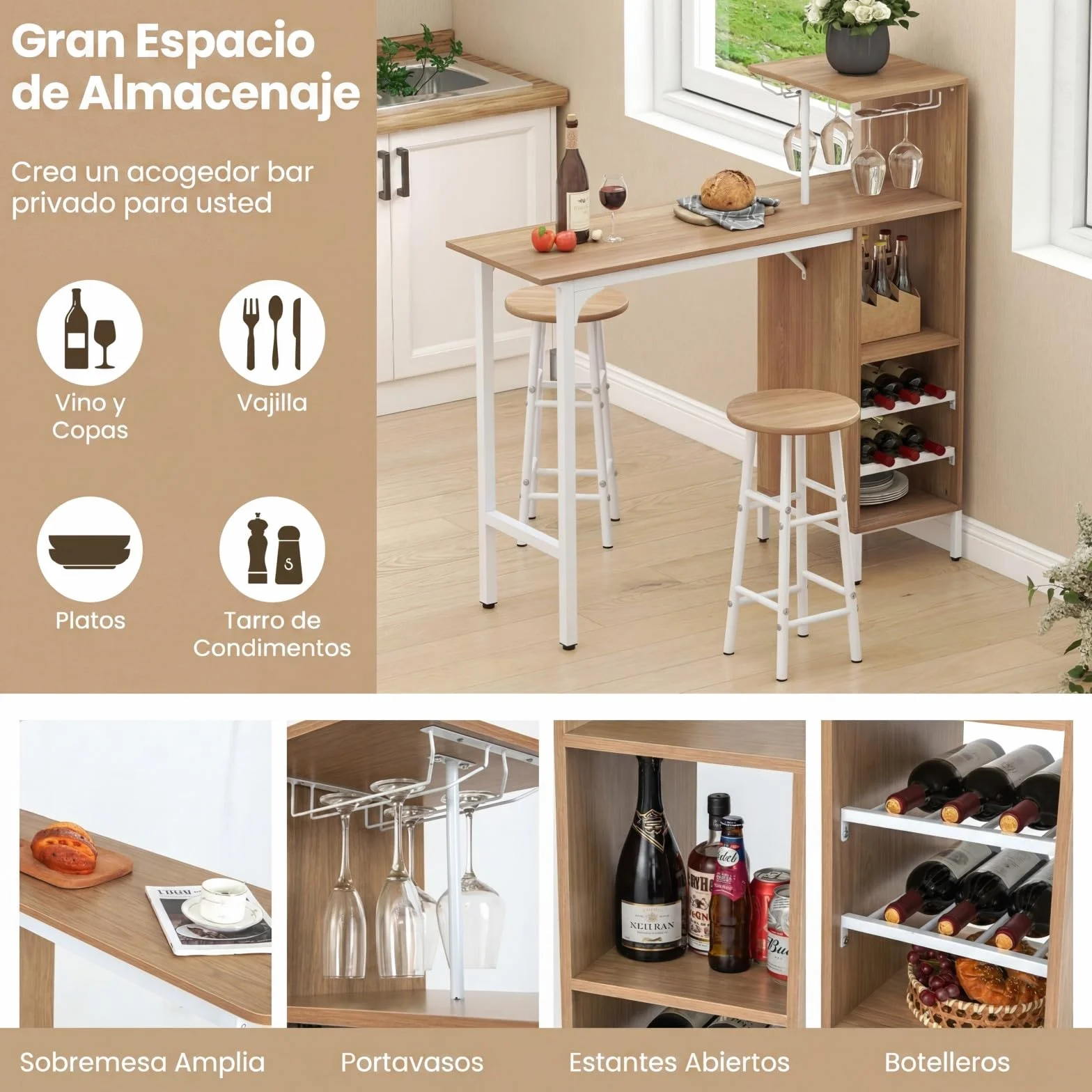 COSTWAY Juego de 3 Piezas Mesa y Sillas de Bar, Mesa y Taburetes Industriales con Soportes para Copas de Vino y Estantes para 6 Botellas de Vino, Juego de Mesa para Comedor Cocina (Natural)