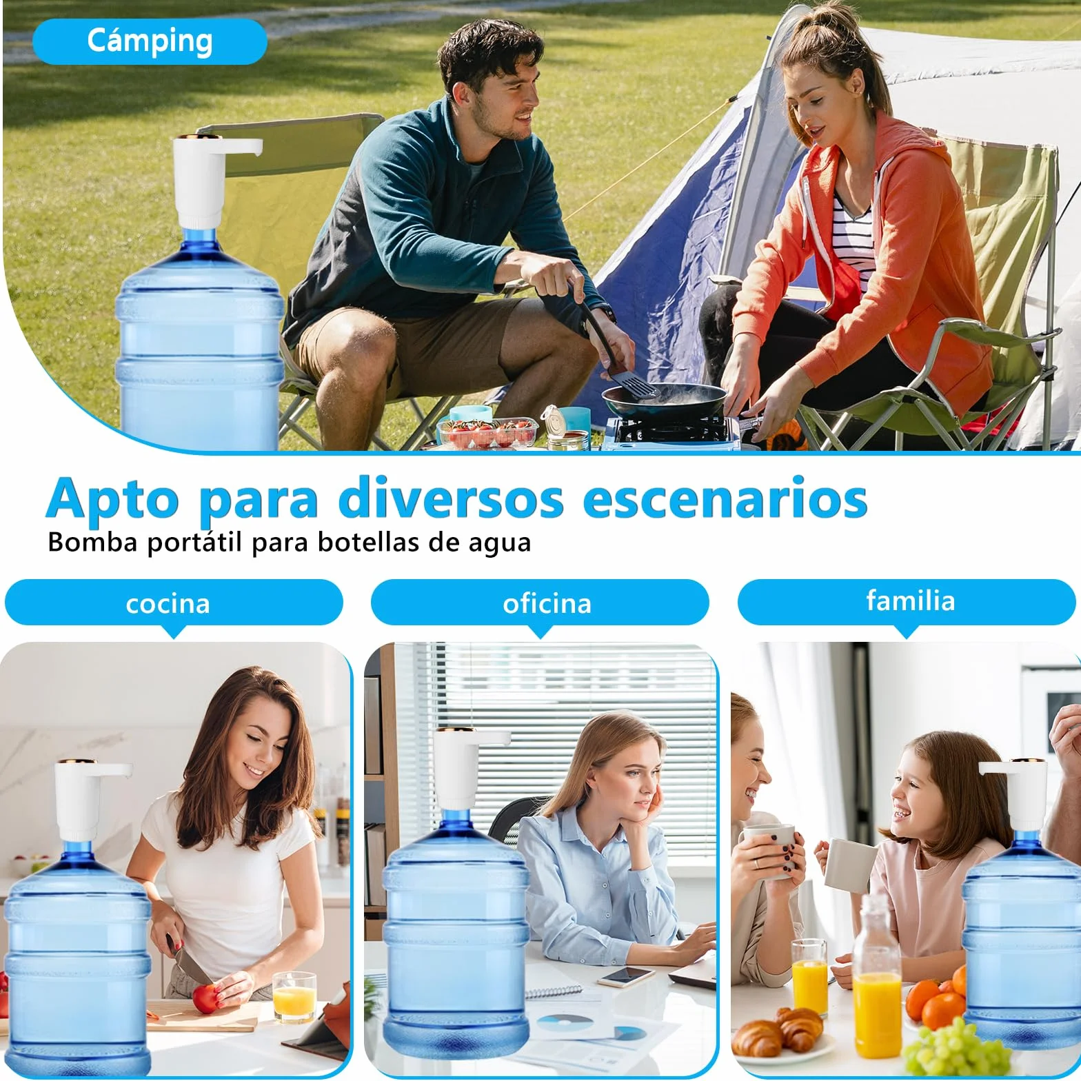 EasySpeed Dispensador de Agua de Doble Velocidad | Recargable 1200mAh Bomba de Grifo para Botellas con 2 Adaptadores | Compatible con Garrafas de 3 a 20 litros | para Camping, Casa & Oficina, Blanco