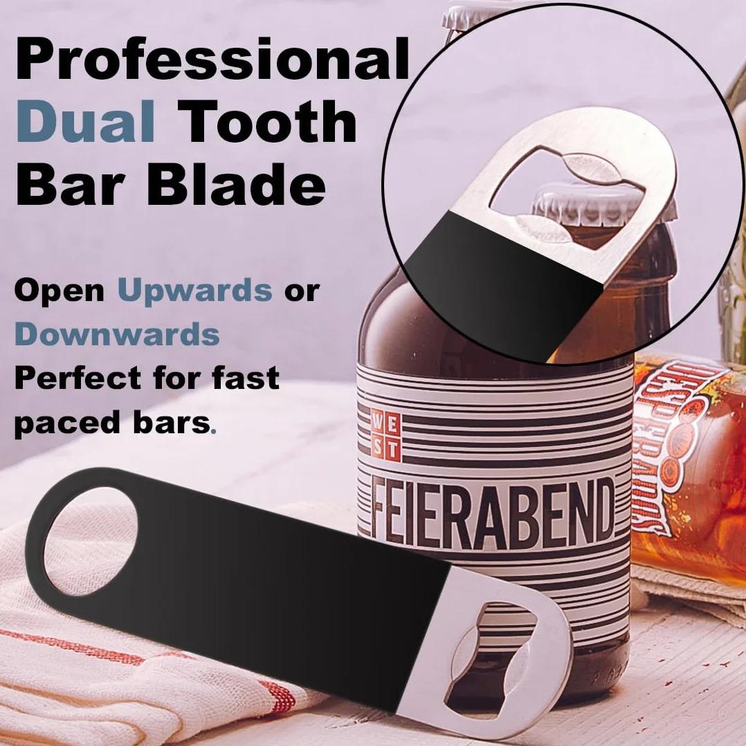 FLOW Barware Abridor de botellas, hoja de barra de 18 cm | Abridor de botellas de cerveza de acero recubierto de goma | Cuchillas de barra profesionales de doble versión | Paquete de 4 unidades negro