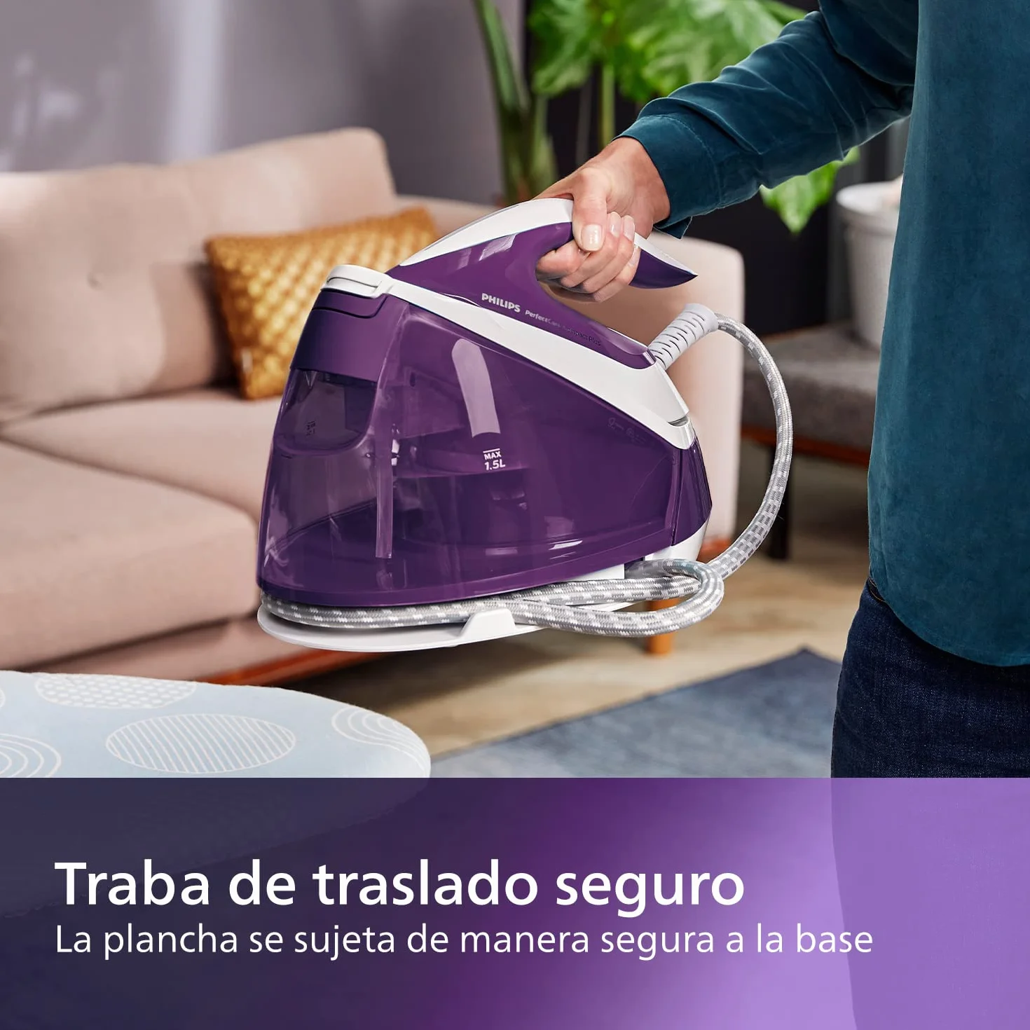 Philips PerfectCare Compact Plus Centro de Planchado - 2400W, Golpe de Vapor 450g, Presión 6.5 bar, Tec OptimalTEMP, Depósito 1.5 L, Púrpura/Blanco (GC7933/30)