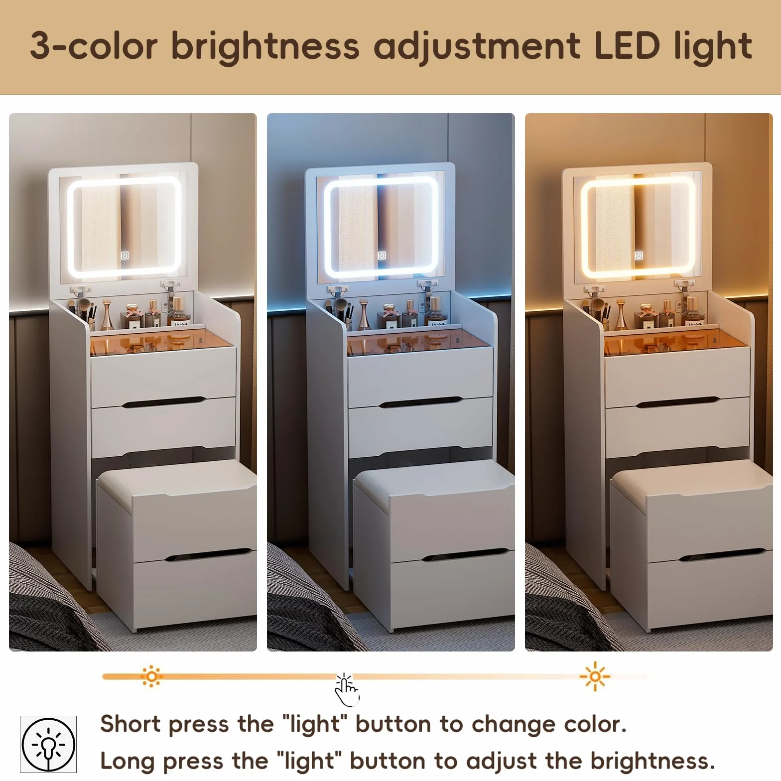 Tocador 3 en 1 con espejo abatible & Luces LED de Brillo Ajustable Escritorio de tocador con escritorio de vidrio visible,Mesa de Maquillaje con 3 cajones,Taburete acolchado Tocador,Producto Patentado