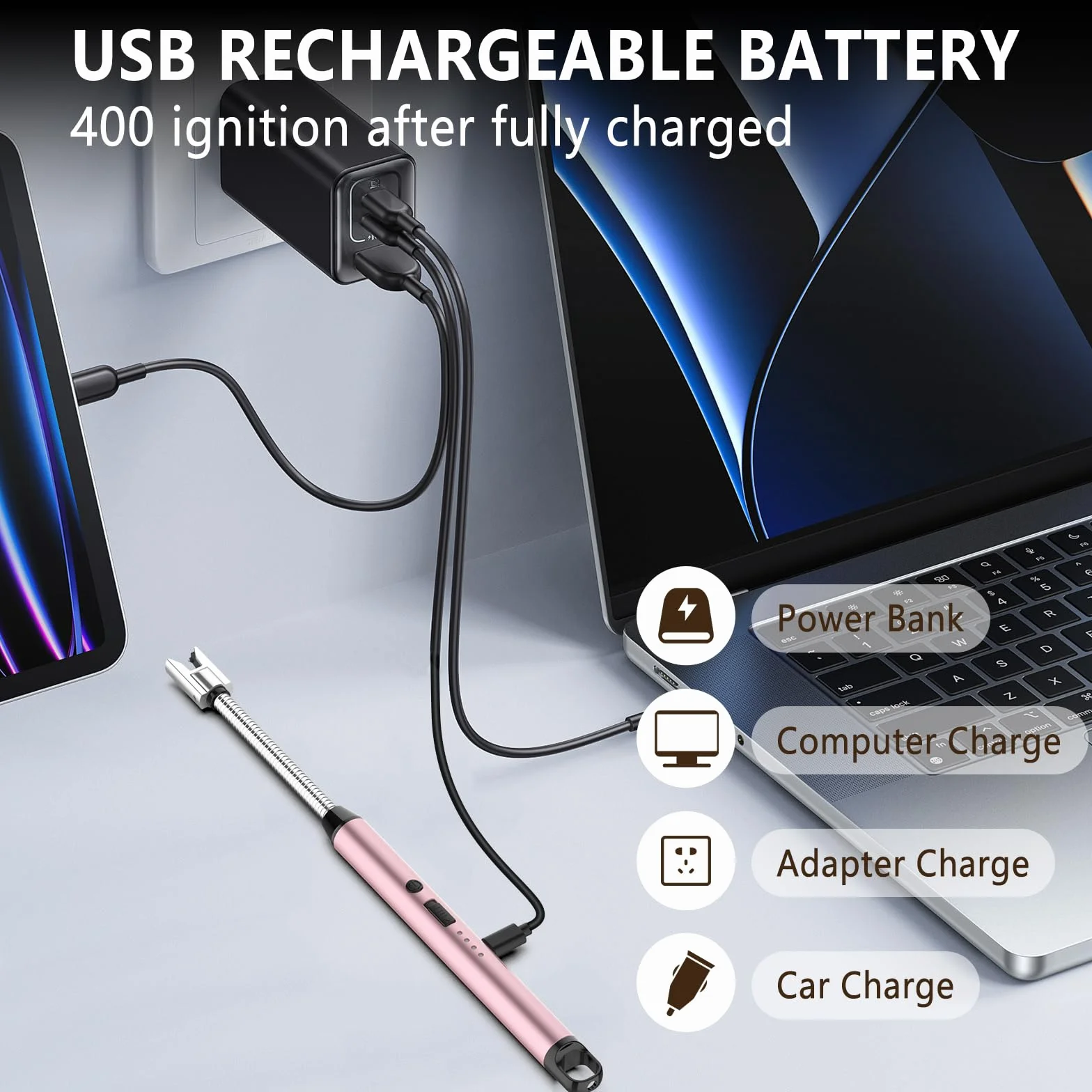Encendedor Electrico USB Mechero, GeeRic Encendedor de Arco Eléctrico Recargable con Indicador LED, Recargable Mechero de Velas para Cocina de Gas,Chimenea, Barbacoa（Oro Rosa）