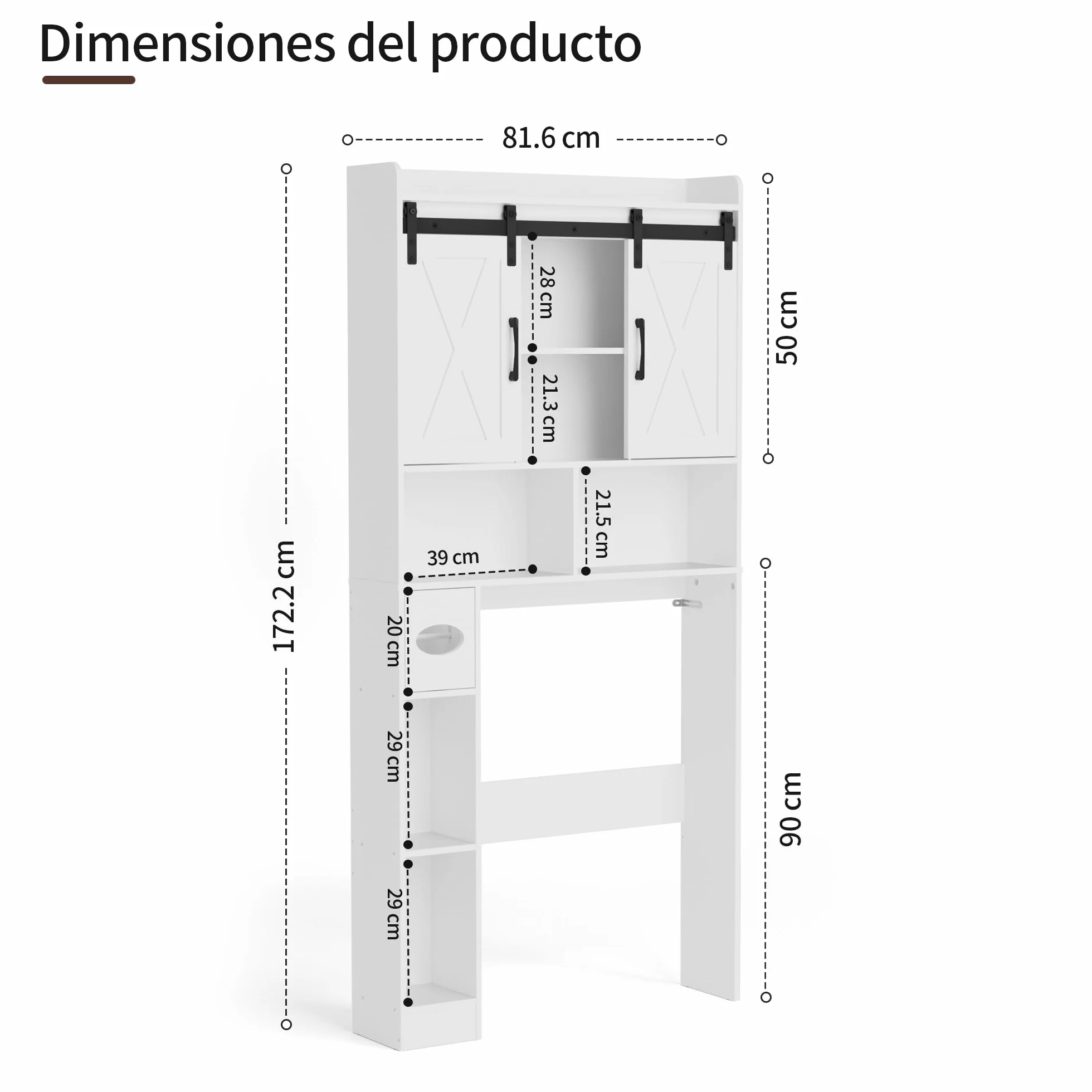 BonVache Mueble Lavadora Puerta Corredera Estantes Ajustables 5 Nichos Abiertos Compartimento Toallas Papel Baño Lavandería Blanco