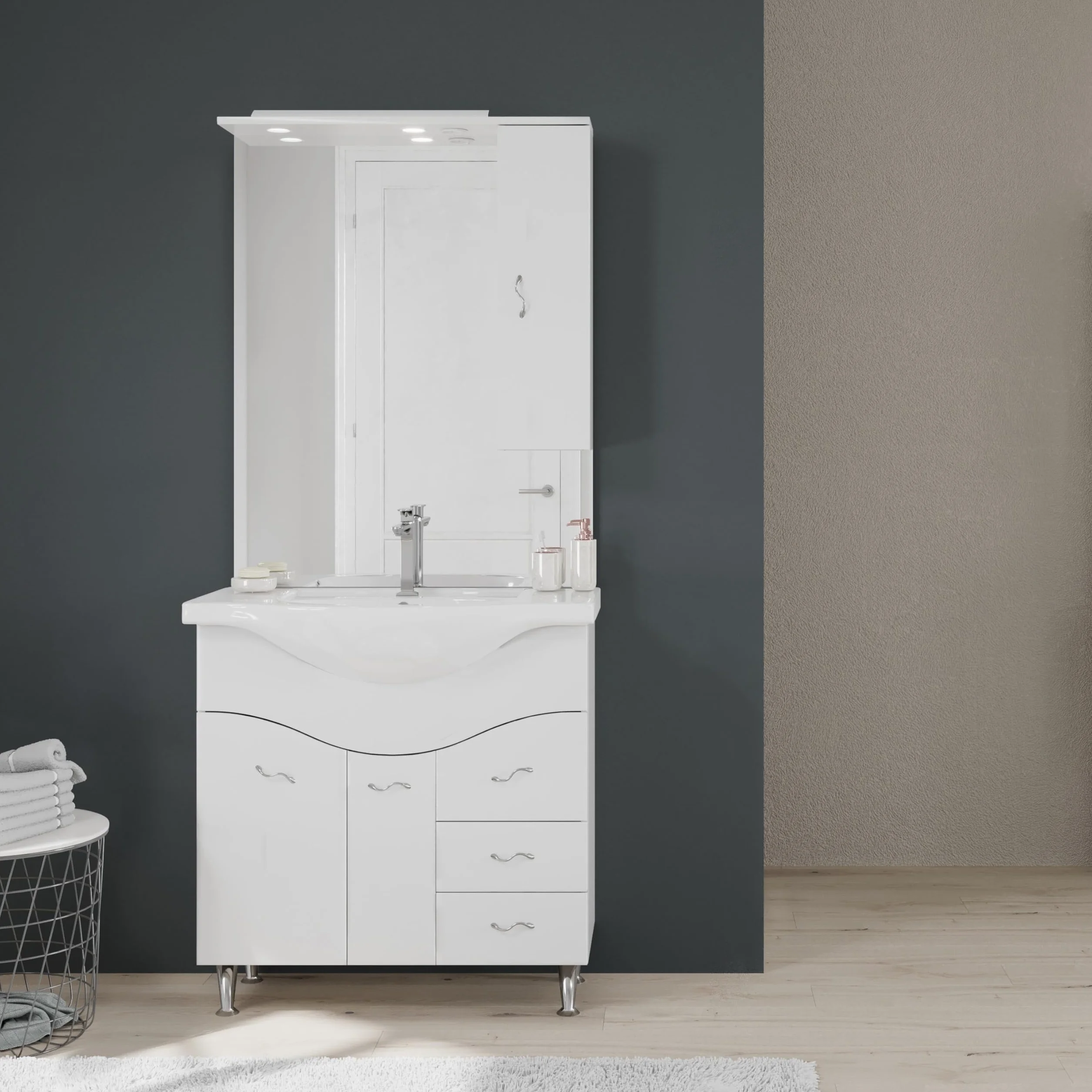 Kiamami Valentina - Mueble de baño de 85 cm en el Suelo con Lavabo, Espejo y Armario Colgante en Color Blanco.