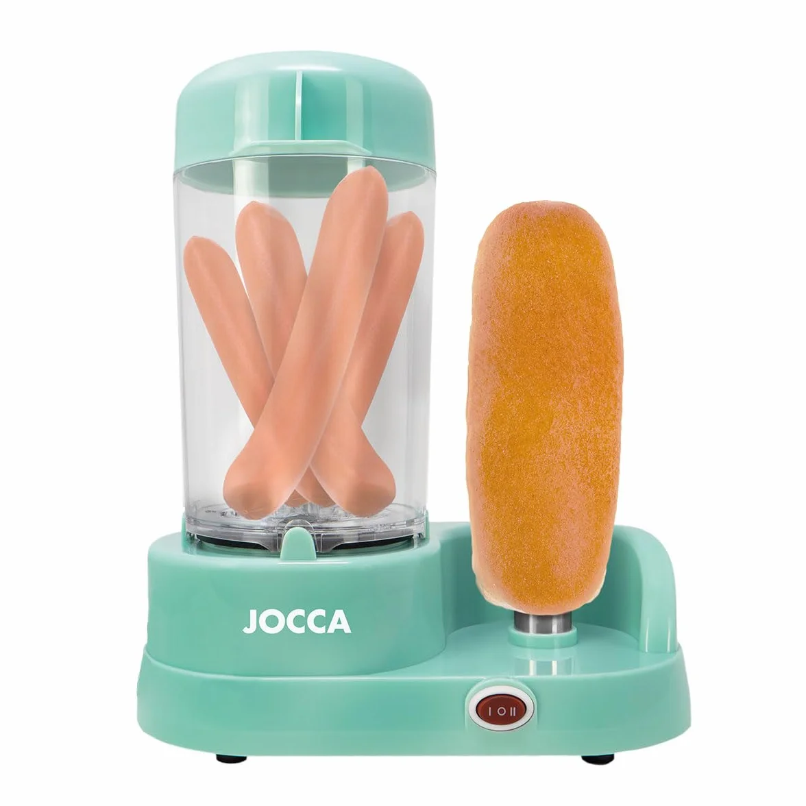 Jocca - Máquina para perritos calientes | Capacidad 6 salchichas | Barra de acero inoxidable para pan | 350 W | Fácil de usar y limpiar | Color turquesa | Diseño compacto y divertido