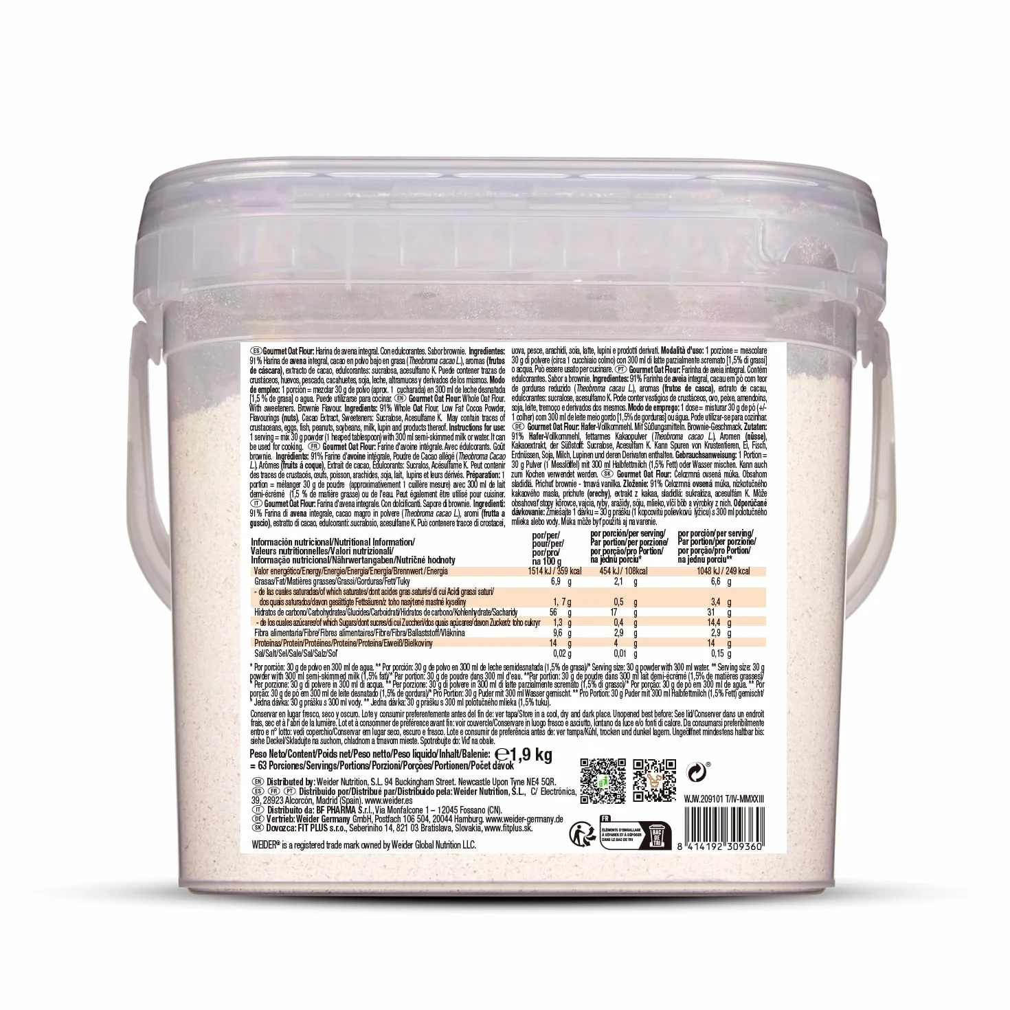 Weider Oat Gourmet Harina de Avena Integral Proteína Bajo Azúcar Sabor Brownie 1,9 kg