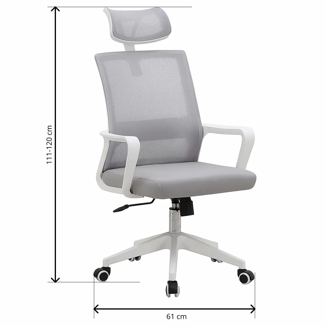 Silla de Oficina Ergonómica Acomoda Textil con Respaldo de Malla, Asiento Tapizado, Altura Regulable, Base Resistente con Ruedas, Blanco-Gris