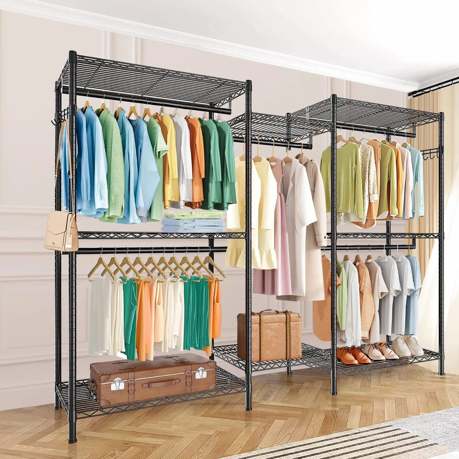 Armario Abierto para Dormitorio, Perchero Resistente de Gran Capacidad 380KG, Vestidor Modular con Estantes y Barras Ajustables, Organizador de Ropa y Almacenaje 45D x 187W x 195H CM, Negro