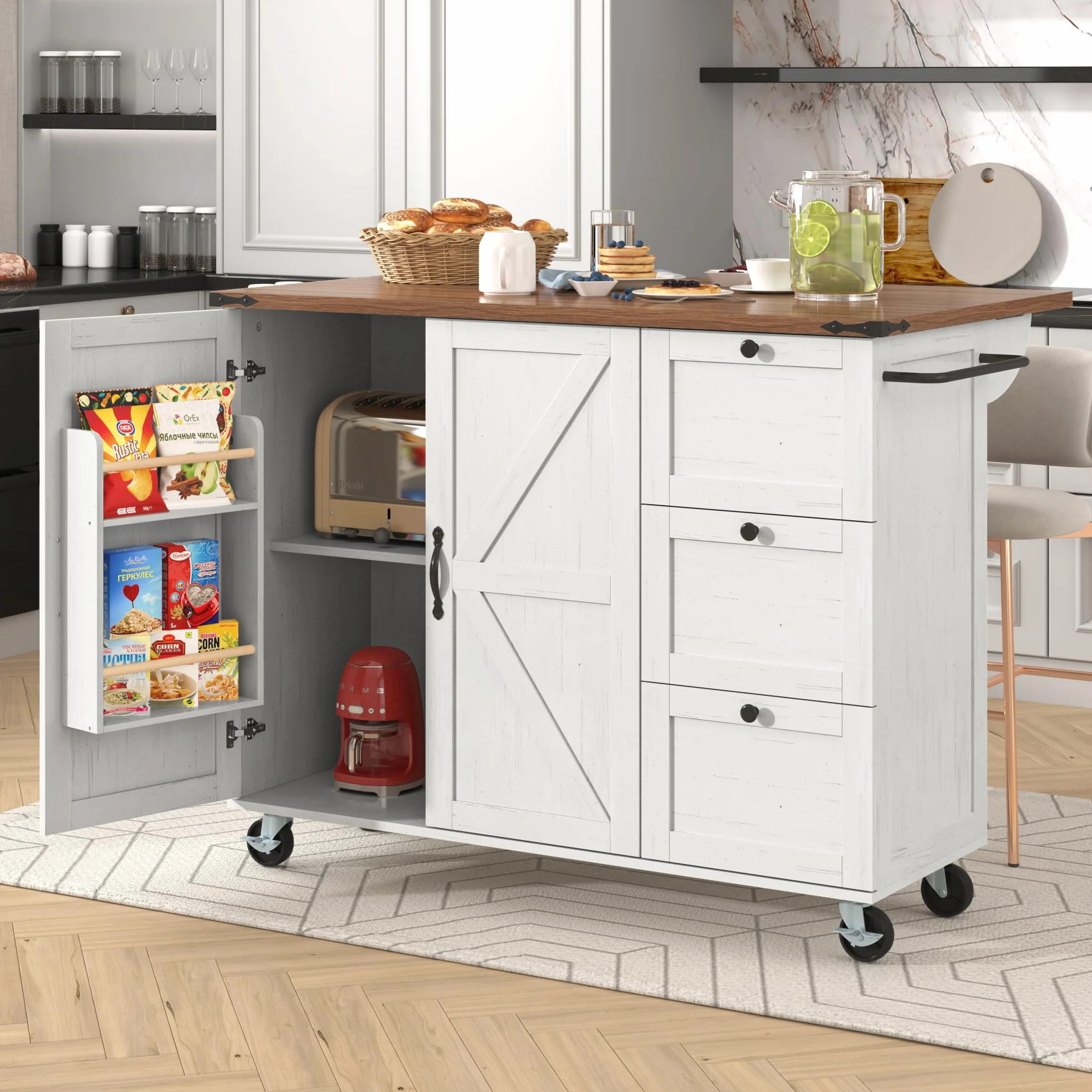 LAKFEW Isla Cocina con Ruedas y Tablero Plegable, Aparador Cocina con 2 Puertas y 3 Cajones, Mueble Auxiliar de Cocina con Estante Ajustable y Toalleros, 140x45(73) x92.5 cm, Beige