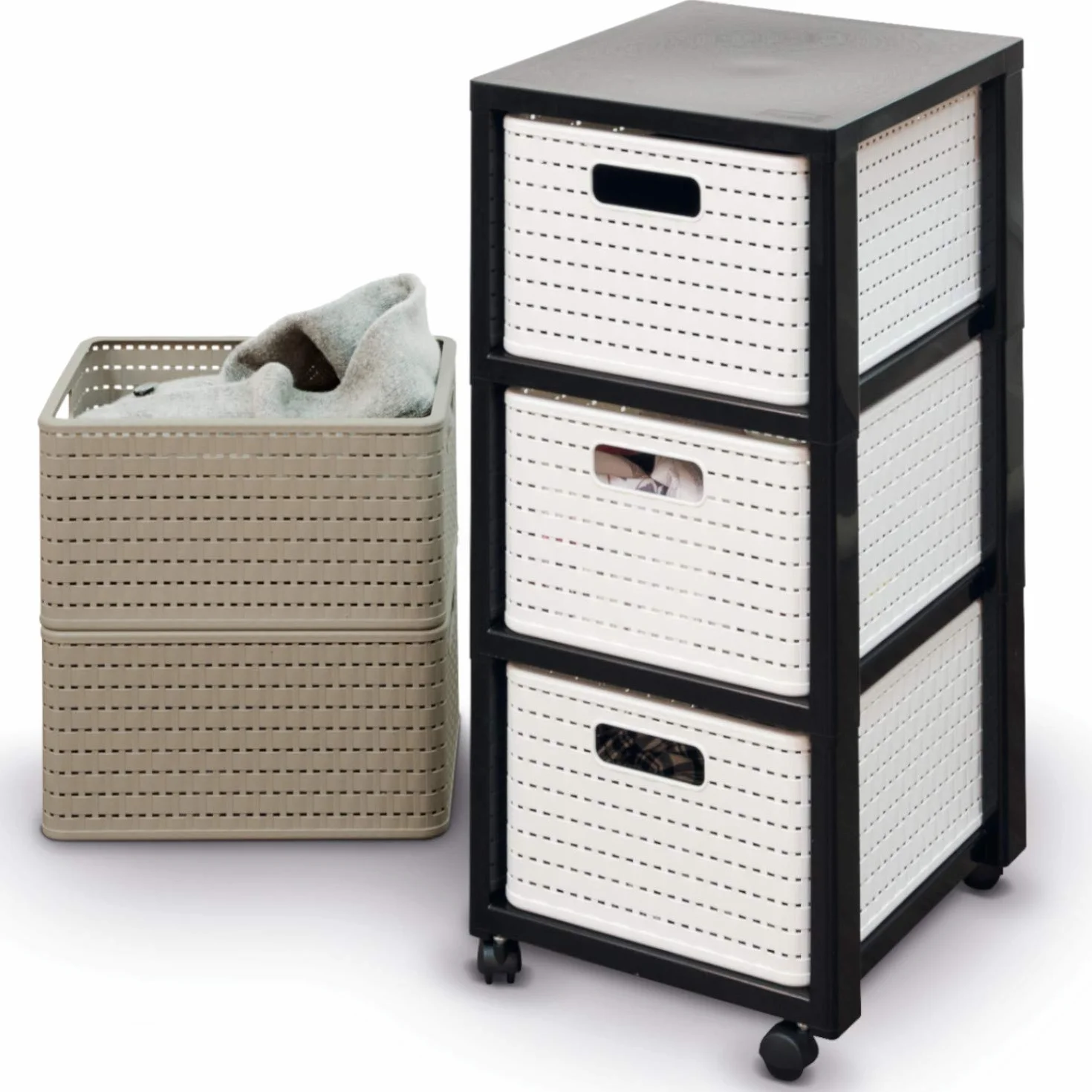 Rotho Country Contenedor rodante con 3 cajones en apariencia de ratán, Plástico (PP) sin BPA, blanco, 3 x A4/18l (37.5 x 32.5 x 71.2 cm)