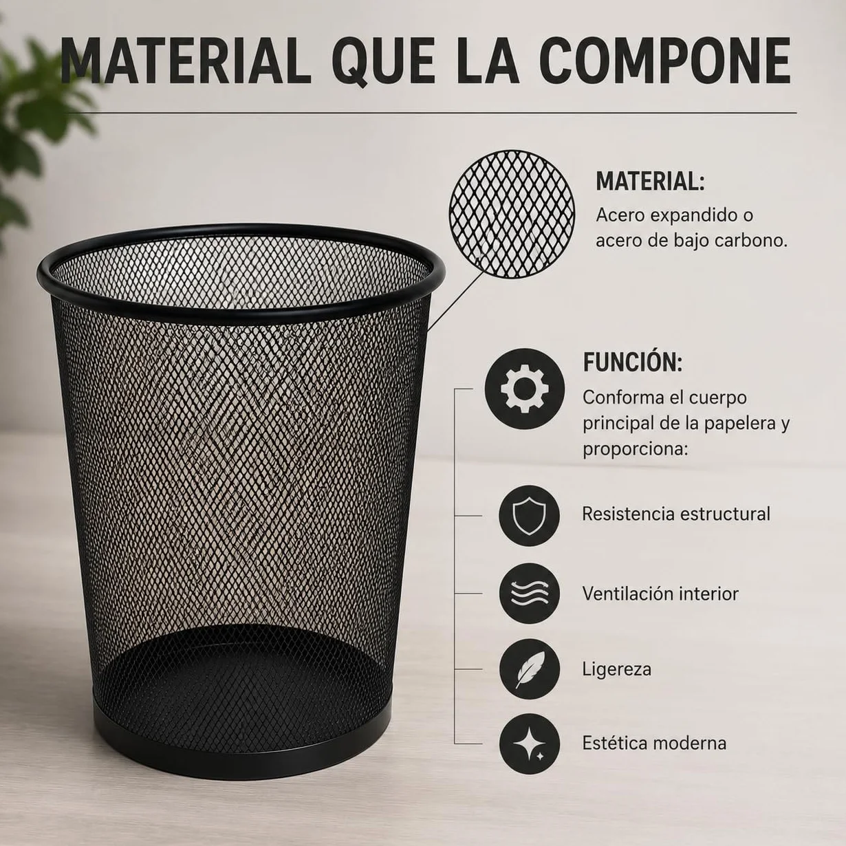 CABLEPELADO Papelera de Malla Metálica 12L Negra – Cubo de Basura de Acero Reforzado