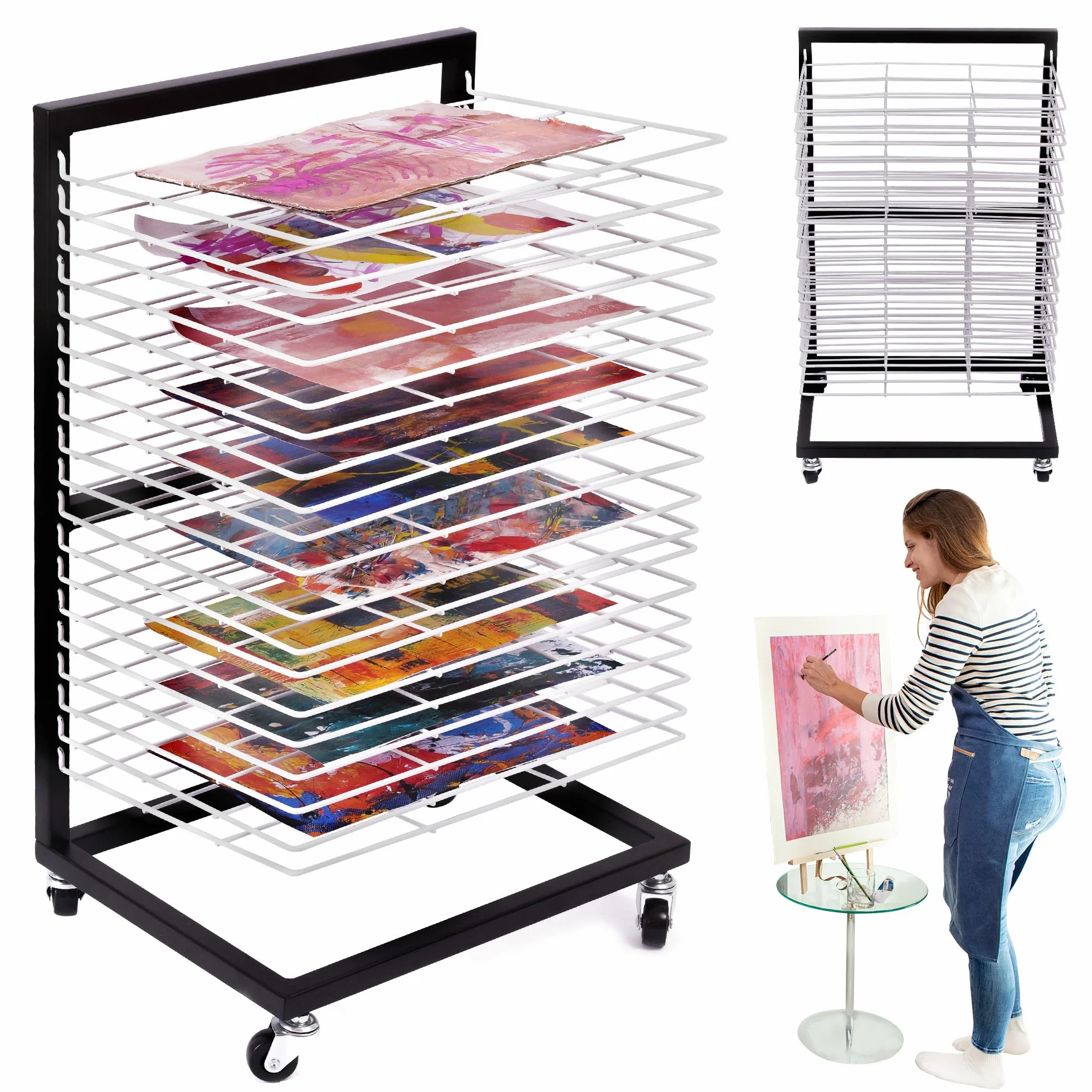 ODOXIA Estante De Secado De Arte Pequeño para Aulas | Estante de Secado de Pintura Portátil y Funcional | 19 Bandejas Extraíbles | Soporte para Lienzos | con Ruedas Art Drying Rack White (Small)