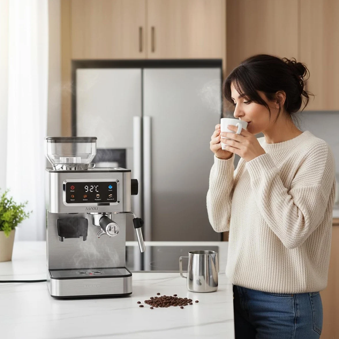 PRIXTON Cafetera Espresso Napoli con Molinillo Integrado 22 Niveles, 20 Bares, 1350W, Filtro de Doble Salida, Vaporizador ajustable, Compatible con Café en Grano, Molido y Cápsulas (Reacondicionado)