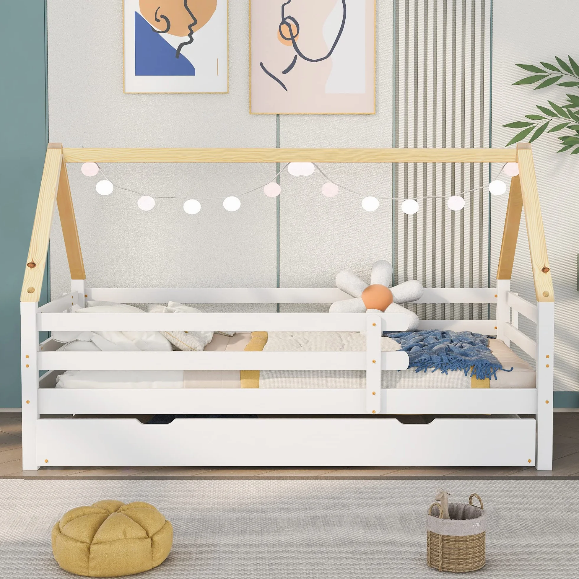 Lexiou Estructura Cama, Diseño Multifuncional con Brochadora，Cama Doble, 90 x 200 y 90 x 190 cm，Apto para Niños o Adolescentes.