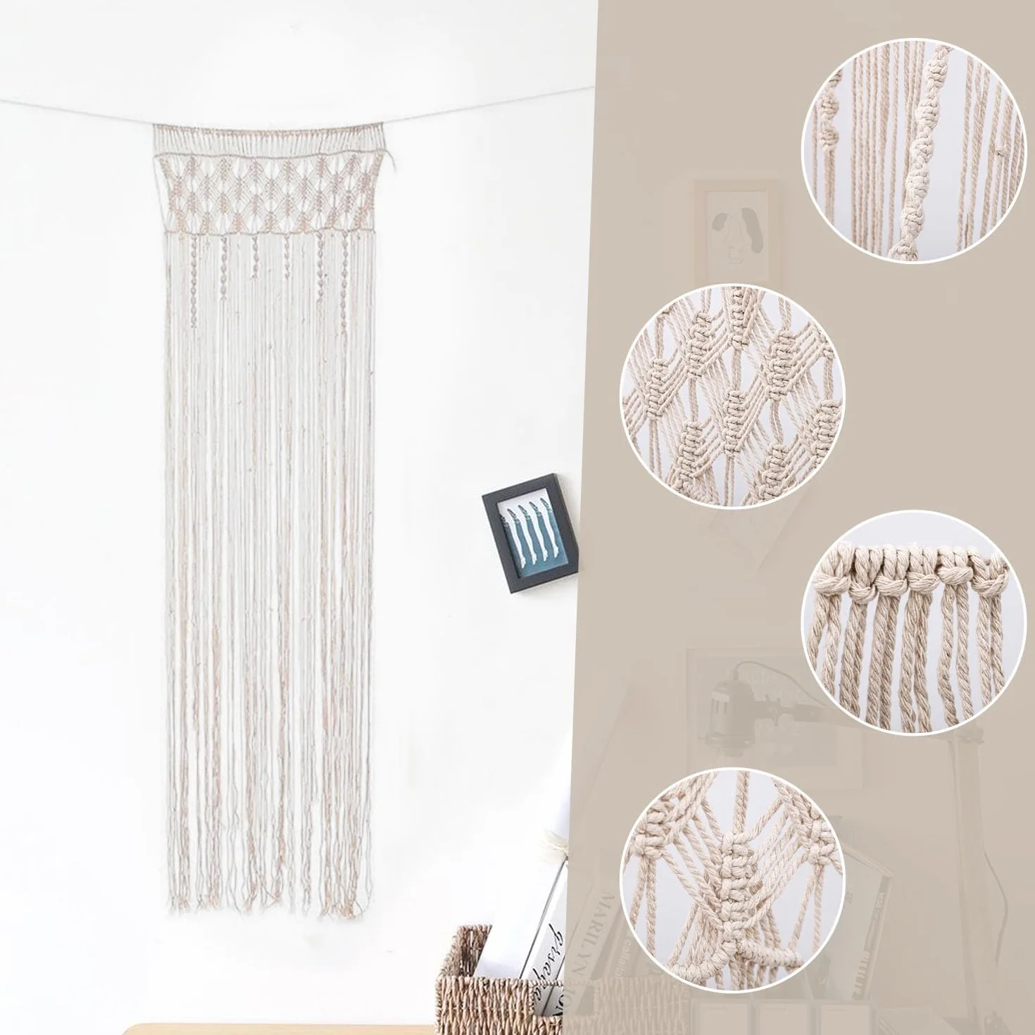 ANBOO Tapiz de pared de macramé, decoración bohemia, hecho a mano, tejido bohemio, macramé, cortina para puerta de fondo de boda, cortinas de ventana, 203 cm (largo) x 74 cm (ancho)