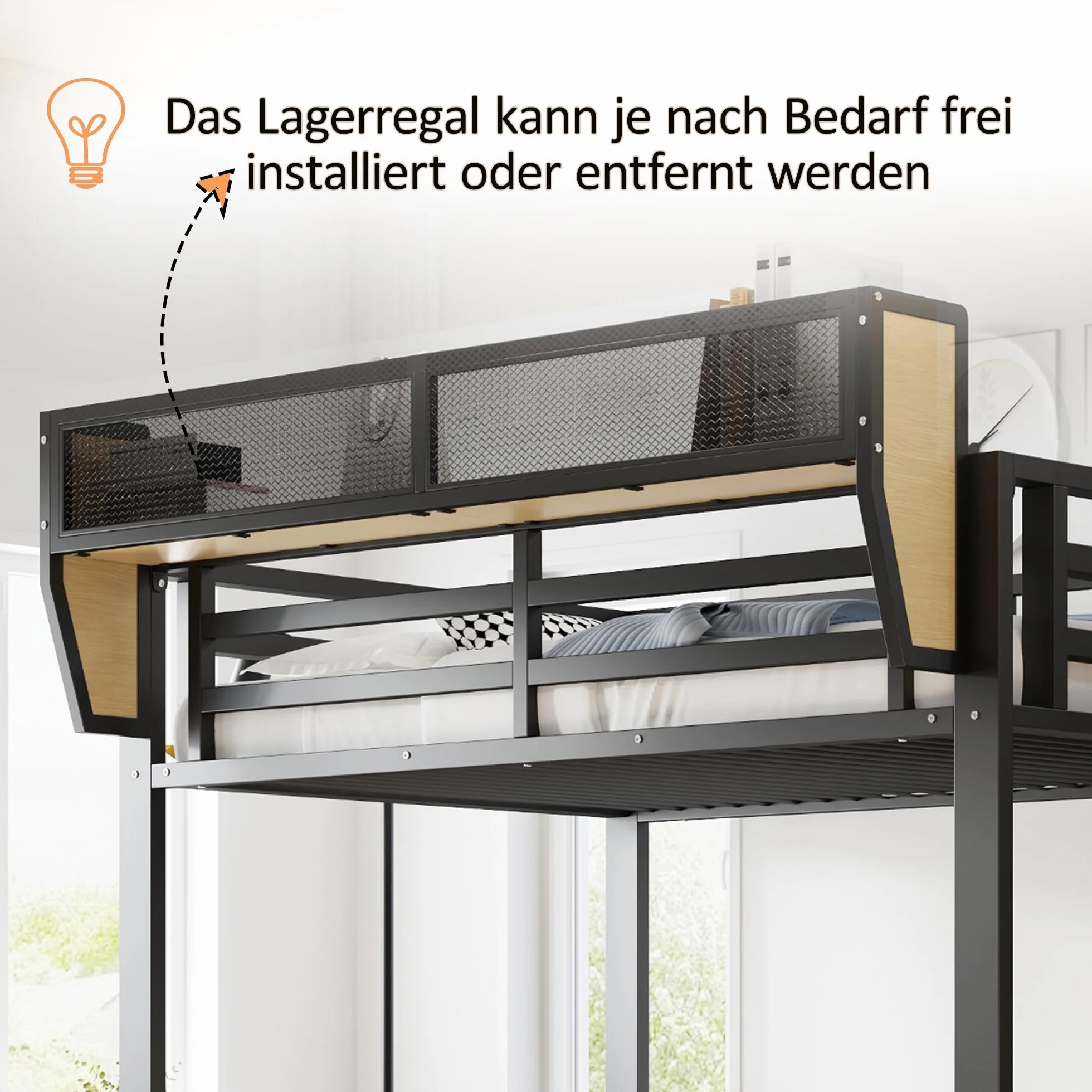 Cama alta de metal 90 × 200 con luces LED, enchufe, escritorio, estante, red de almacenamiento, litera para niños con escalera portaobjetos, estructura de cama individual, color negro