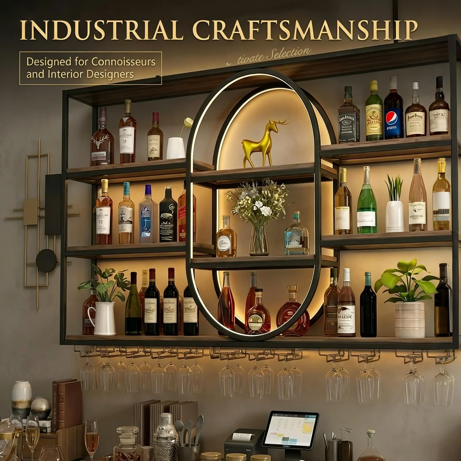 Botellero de Pared de Metal de Gran Capacidad, Estante para Vino de Pared Ovalado Moderno, Soporte para Copas y Botellas, Metal para Vino Industrial, 120-180cm, Negro/Dorado (nero, 140*20*120cm)