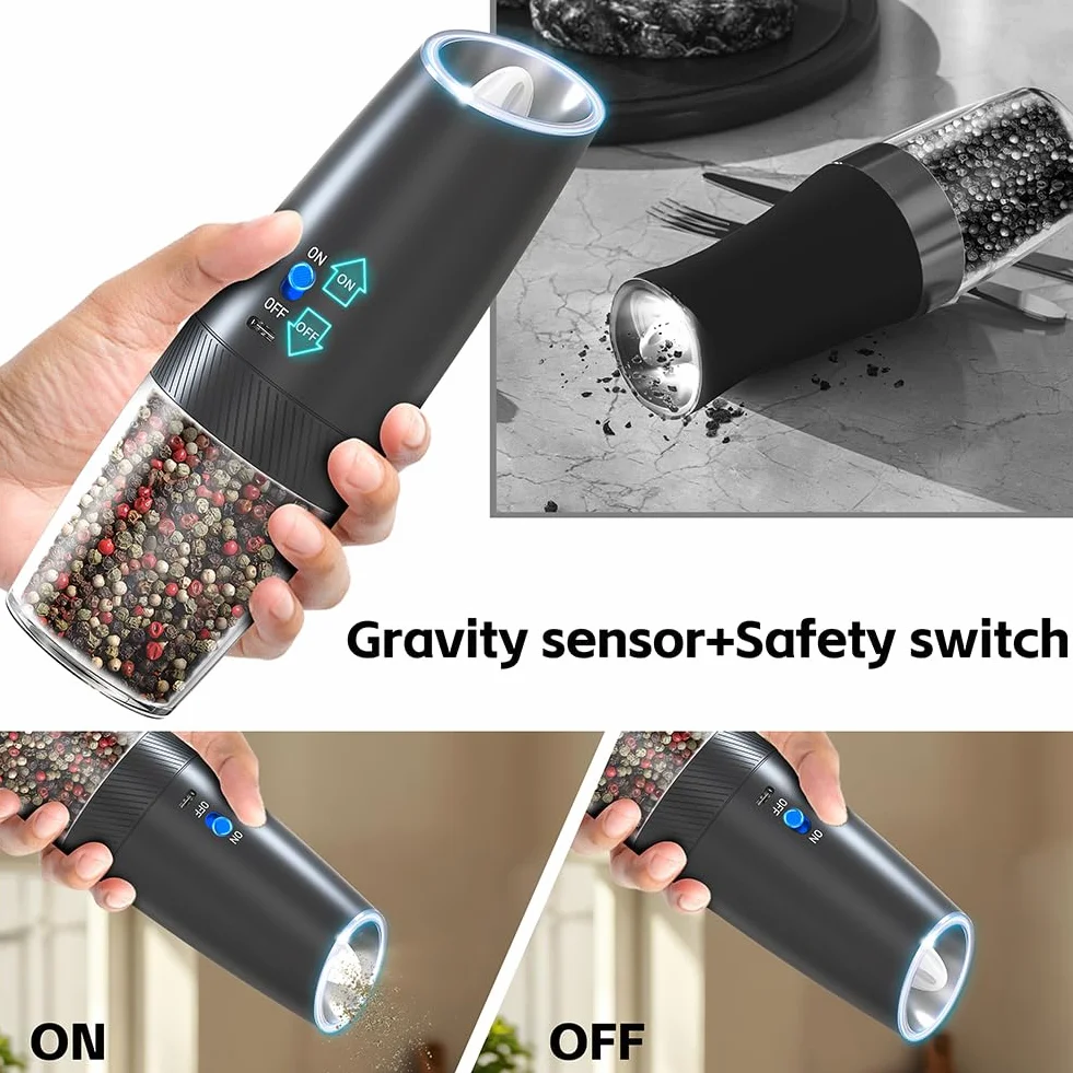 HOTUT 2 Piezas Molinillo Pimienta Electrico, Núcleo de Cerámica Grosor Ajustable Molino de Especias con Luz LED, Détection de la gravité, Recargable por USB, con Cepillo y Paño de Limpieza - Negro