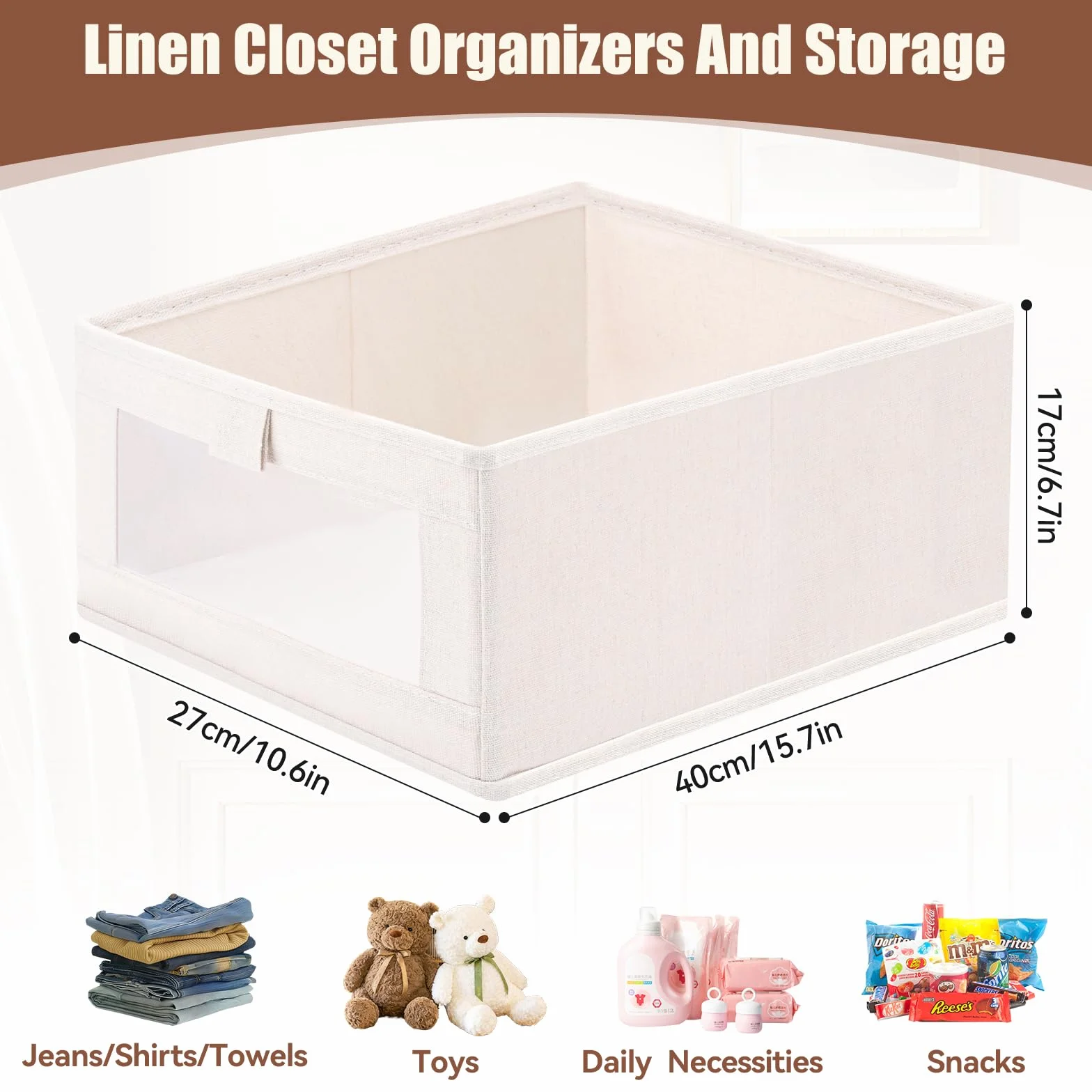 Caja de almacenamiento,juego de 3 Organizadores Plegables,Cestas de Tela con ventana transparente para armario,Organizador Armario, para Ropa, libros, Dormitorio, Estanterías,40 x 27 x 17 cm